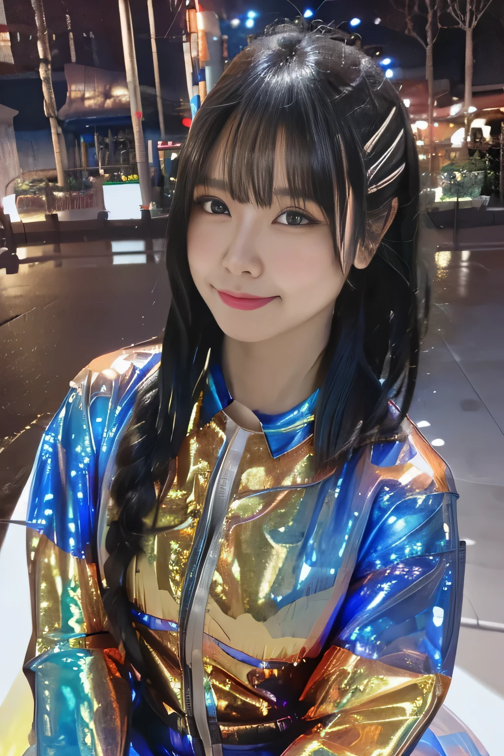cyber city at night,(Gorgeous night view illumination:1.3),(((A woman riding a colorful custom-painted motorcycle through the city))),.(Sexy super shiny orange transparent holographic mechanical cyberpunk suit:1.3) ,necklace,earrings, smile.sexy pose, (silver hair、精巧な三つ編みとビーズで飾られたponytailのツイストバンズ,Braided setup fishbone hair,),(The bangs are see-through bangs),(hairpin、ponytail、floating hair、),Breast flick,(emphasize big breasts:1.3),professional lighting,cinematic light,(table top,highest quality,Ultra high resolution output image,) ,(8K quality,),(sea art 2 mode:1.3),,(Image mode Ultra HD,)