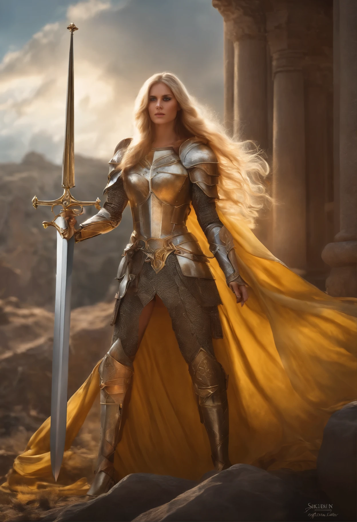 Royal Knights，Gorgeous heavy armor wraps the whole body，very long hair, yellow hair, Point the Knight's Sword to the sky，sportrait，closeup cleavage，Solemn，flatchest，modest，humble，Cinematic, hdr, primitive, Intricate, High quality, Gorgeous shades, Intricate details, super-fine，oc rendered