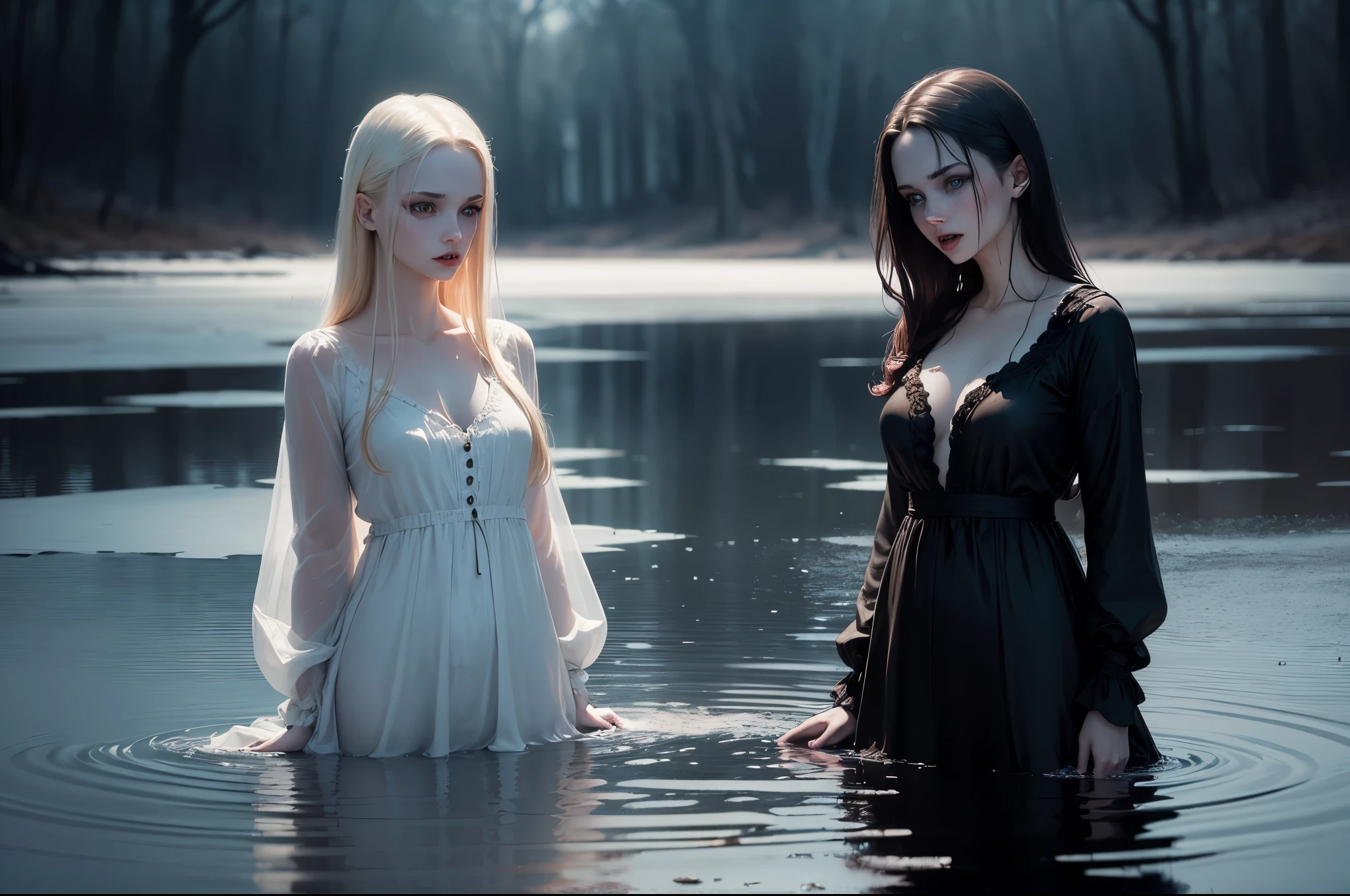 ((Night)) ((a deserted lake)) 3 Vampire women, (full body), 1 brunette, 1 blonde, 1 redhead, pale skin, fangs bared, sexy pale nightgown, looking at viewer, rises out of the water, soaking wet. style of a painted book illustration, dramatic lighting, (depth of field), ((masterpiece)), ((best quality)), ((highly detailed))