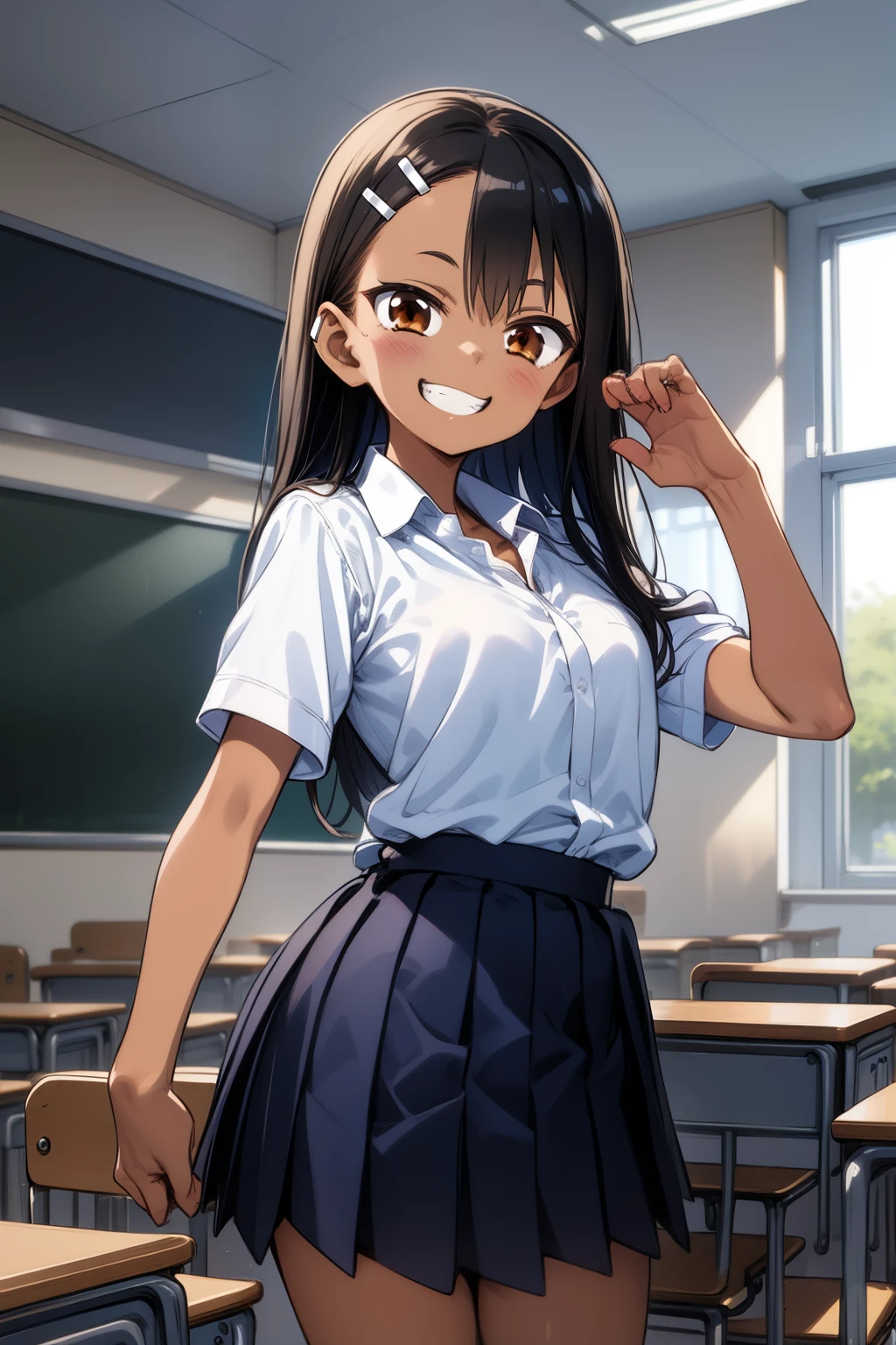 1girl, cowboy shot, grin, classroom, fighting stance, 
nagatoro_hayase, brown eyes, black hair, long hair, dark skin, dark-skinned female, tan, tanlines, hairclip, school uniform, white shirt, collared shirt, pleated skirt, best quality, masterpiece, highres, 