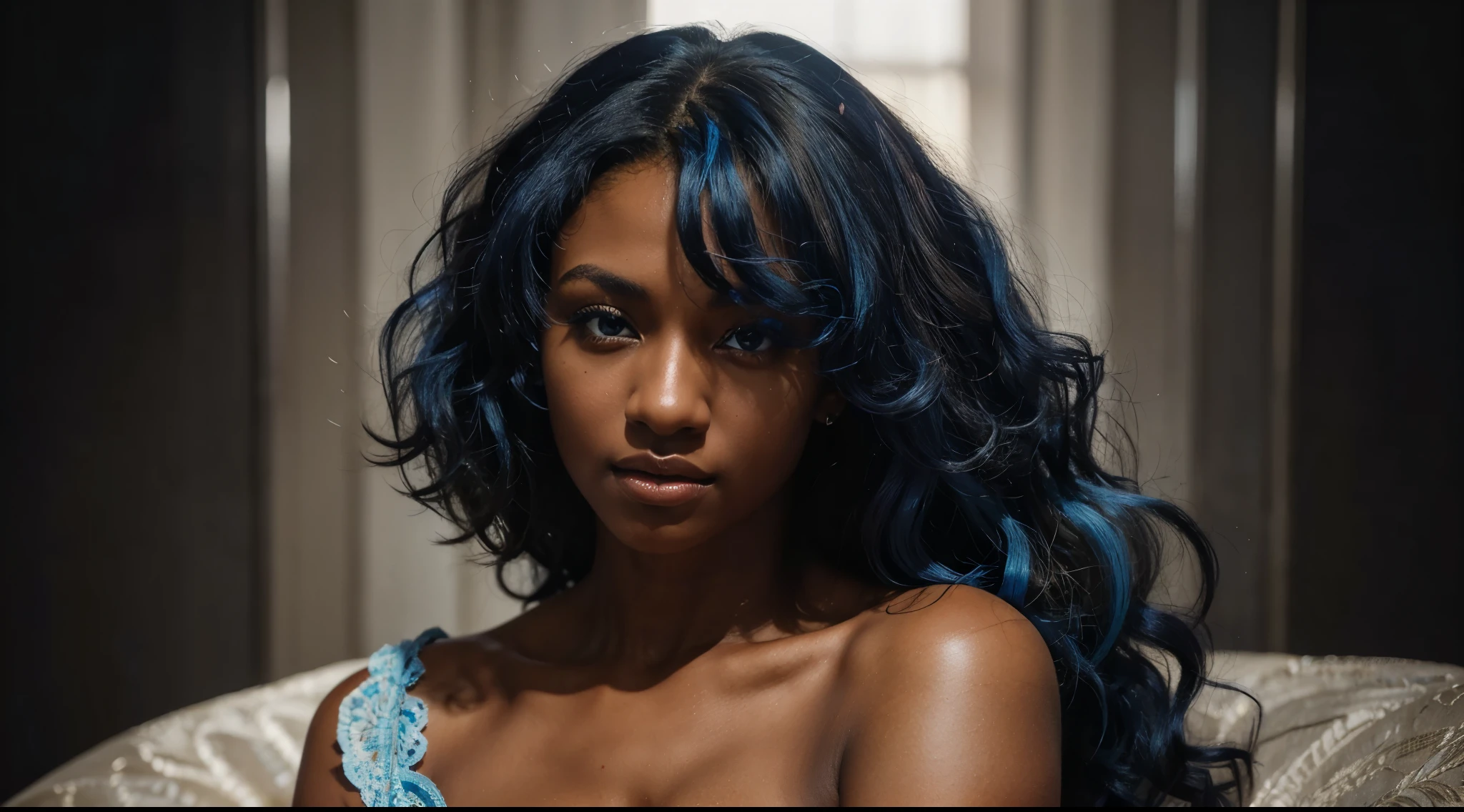 Realistic photo portrait of {Nicki Minaj, (Long and slightly messy hair)}, Action {Blue Angelina Lace Satin Sleeveless Short Nightgown}, {neon lighting in the room in an exotic way))}, soft and smooth skin, symmetrical face, body entire, big ass, symmetry and full mouth sensualizing, human ideal, 85mm lens, f8, photography, ultra details, natural light, backlighting, photo, studio lighting
