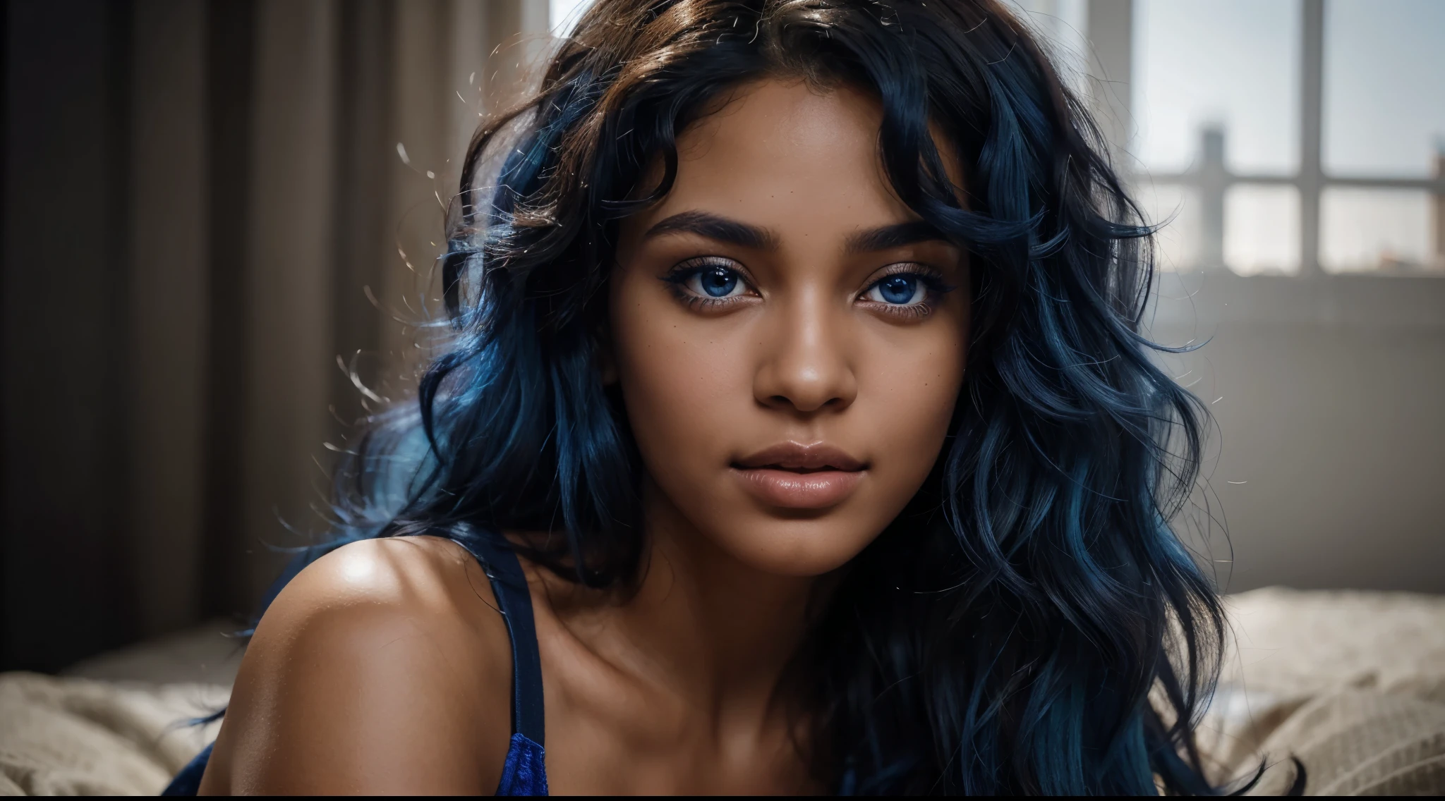 beautiful dark-skinned women with curly hair with blue highlights, blue eyes with thin face detailed beauty, hyper realistic, 8k and high resolution