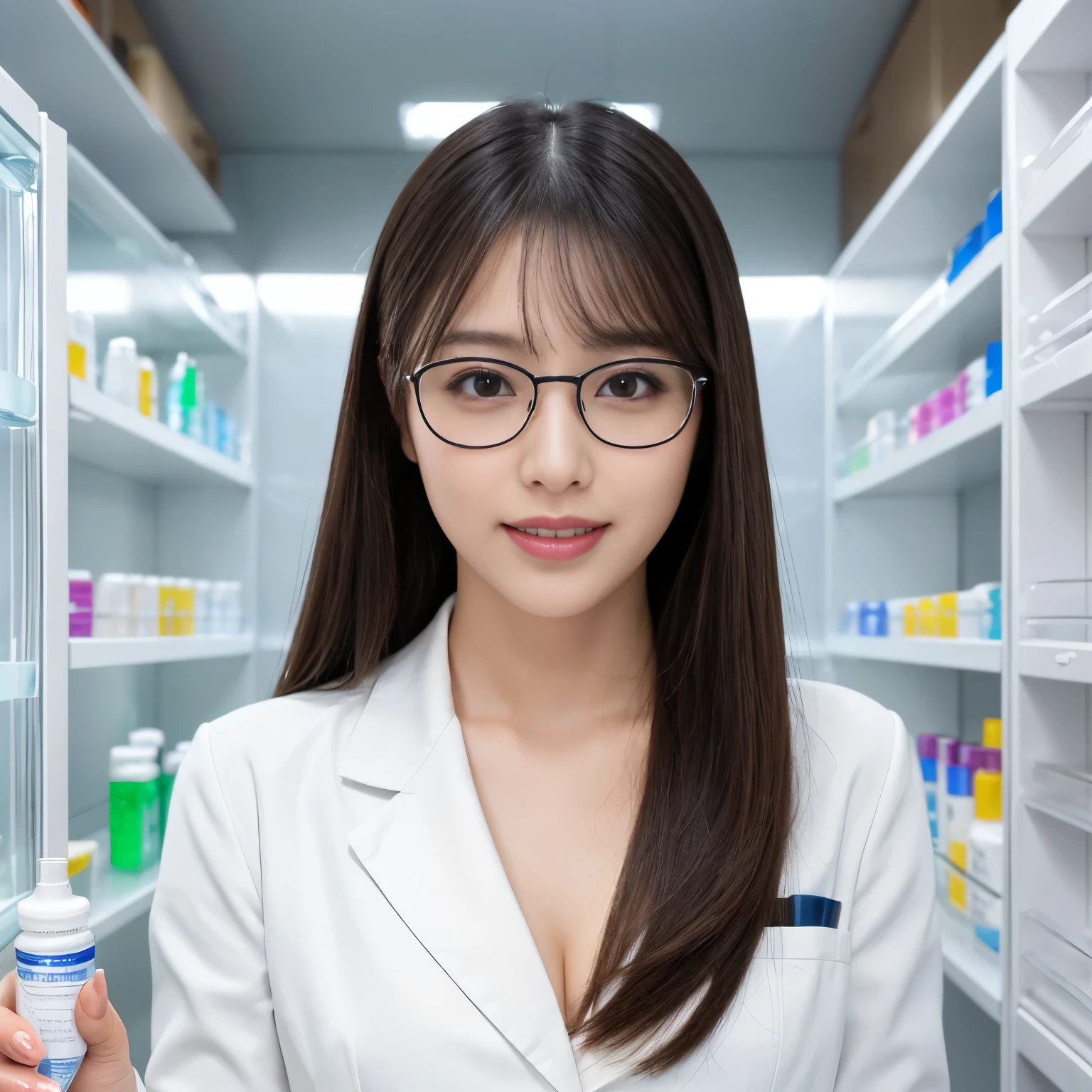 ((highest quality、table top、8k、best image quality、hyper realism、software))、(A 30 year old beauty:1.1)、1 woman wearing a white coat、female scientists、standing in a university laboratory、(Classy glasses:1.1)、(detailed medicine cabinet:1.3)、perfect anatomy、shirt and white coat、cleavage、look at me and smile、upper body photo、long hair、bright lighting、The most detailed and complex laboratory background、Ultra high definition beauty face、ultra high definition hair、Super high-definition sparkling eyes、(Super high resolution glossy white skin:1.1)、Super high resolution glossy lips