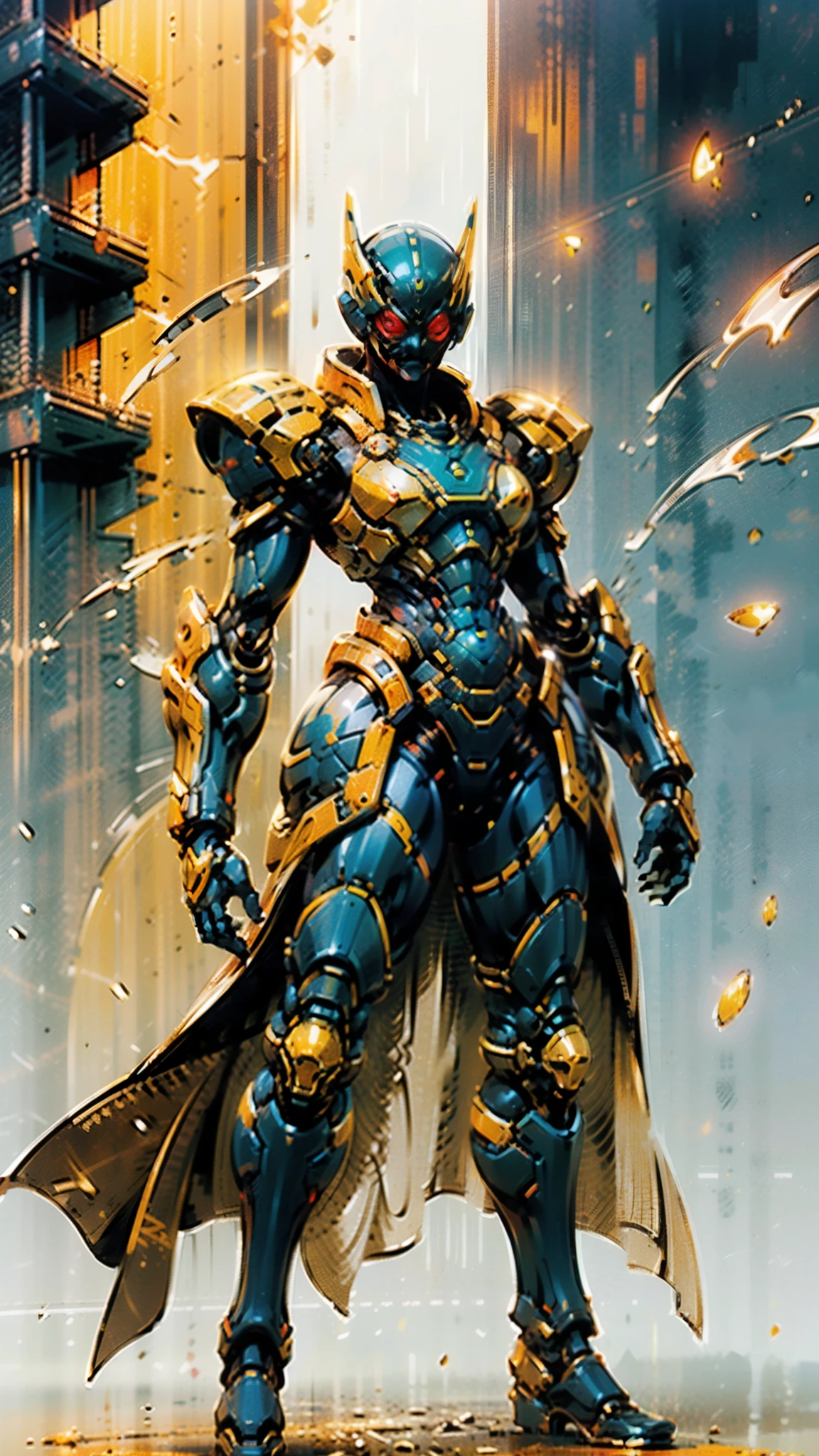 A woman adorned in fantasy-style full-body armor, a crown-concept fully enclosed helmet that unveils only her eyes, a composite layered chest plate, fully encompassing shoulder and hand guards, a lightweight waist armor, form-fitting shin guards, the overall design is heavy-duty yet flexible, ((the armor gleams with a golden glow, complemented by red and blue accents)), exhibiting a noble aura, she floats above a fantasy-surreal high-tech city, this character embodies a finely crafted fantasy-surreal style armored hero in anime style, exquisite and mature manga art style, (Queen bee mixed with Spider concept Armor, plasma, blood), ((Element, energy, elegant, goddess, femminine:1.5)), metallic, high definition, best quality, highres, ultra-detailed, ultra-fine painting, extremely delicate, professional, anatomically correct, symmetrical face, extremely detailed eyes and face, high quality eyes, creativity, RAW photo, UHD, 32k, Natural light, cinematic lighting, masterpiece-anatomy-perfect, masterpiece:1.5