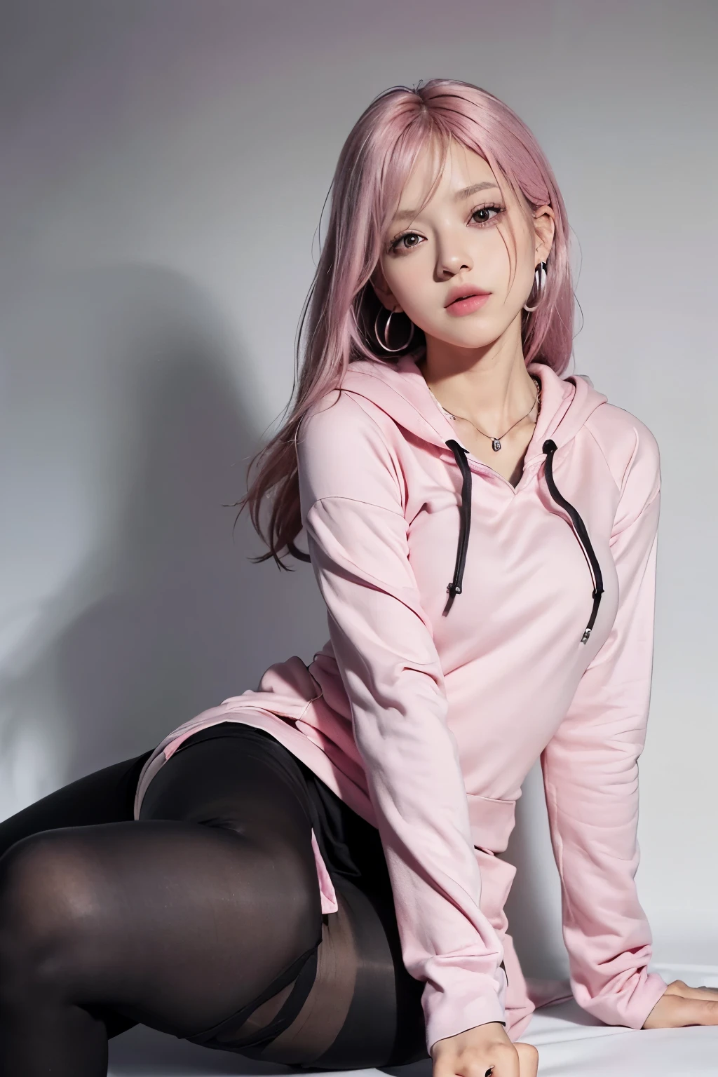 (8K, top-quality, masterpiece:1.2), (reallistic, Photorealsitic:1.37), Super Detail, One girl, (Highly detailed), (beautifully detailed eyes), (of the highest quality), (super detailed), (masterpiece), (Detailed face), 20yr old, 1 girl, (pink hair, long hair), medium breasts, clothed, Perfect Lighting, BREAK, (pink Hoodie :1.4), (black tights:1.5), (zettai_ryouiki:1.5), (black pumps:1.2), (ruby necklace and earrings:1.2), (silver ring:1.2), BRAKE, (upper body to knee shot:1.2), (hair on left side, ear on right side:1.2), (slight smile looking up:1.2), (left hand holding dress hem, right hand on shoulder:1.2), (white wall with red curtain:1.2), (soft light from top left:1.2)