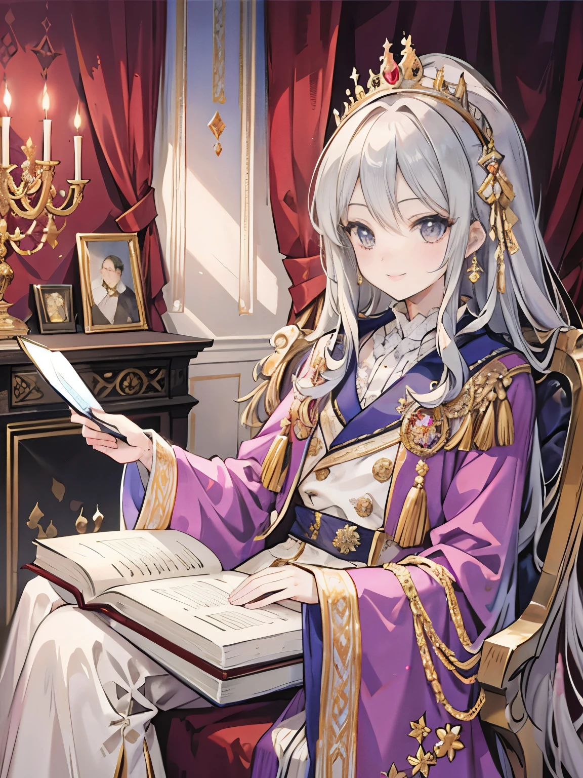 royal palace,luxuriously decorated room,Clothing like an aristocratic official,long robe,I have a thick book in my hand,smile,close up of face