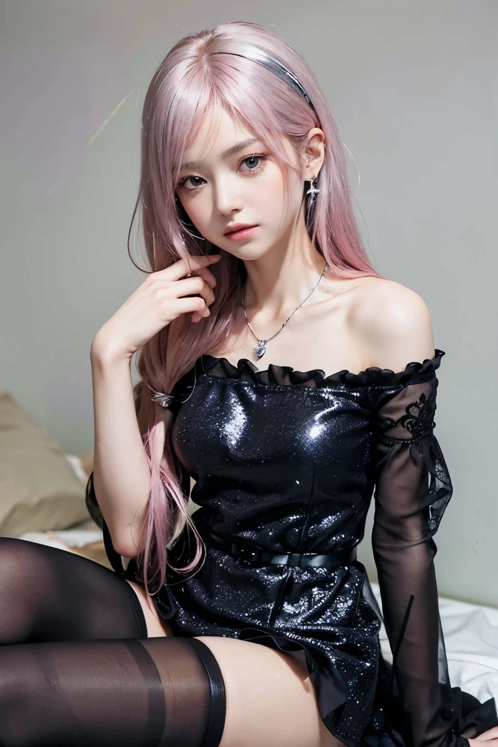 (8K, top-quality, masterpiece:1.2), (reallistic, Photorealsitic:1.37), Super Detail, One girl, (Highly detailed), (beautifully detailed eyes), (of the highest quality), (super detailed), (masterpiece), (Detailed face), 20yr old, 1 girl, (pink hair, long hair), medium breasts, clothed, Perfect Lighting, BREAK, (pink one-piece dress :1.4), (black lace embroidery:1.3), (black tights with silver glitter:1.5), (zettai_ryouiki:1.5), (black pumps:1.2), (ruby necklace and earrings:1.2), (silver ring:1.2), BRAKE, (upper body to knee shot:1.2), (hair on left side, ear on right side:1.2), (slight smile looking up:1.2), (left hand holding dress hem, right hand on shoulder:1.2), (white wall with red curtain:1.2), (soft light from top left:1.2)