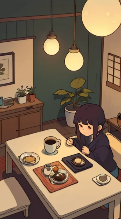 In a cozy Japanese-style room,  estudando diligentemente sozinha na mesa,Quarto escurecido,warm and elegant lighting, Coffee on the table,Eu posso ver a lua pela janela,Quarto decorado com plantas,um pouco triste