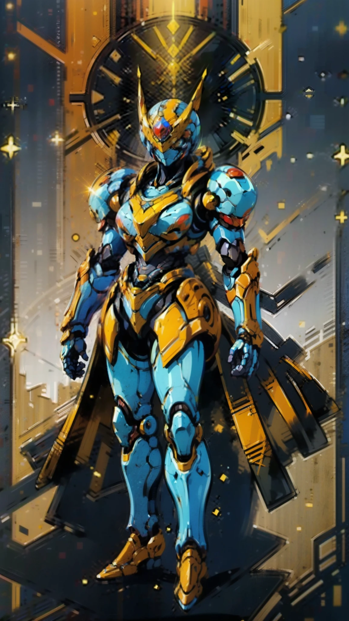 A woman adorned in fantasy-style full-body armor, a crown-concept fully enclosed helmet that unveils only her eyes, a composite layered chest plate, fully encompassing shoulder and hand guards, a lightweight waist armor, form-fitting shin guards, the overall design is heavy-duty yet flexible, ((the armor gleams with a golden glow, complemented by red and blue accents)), exhibiting a noble aura, she floats above a fantasy-surreal high-tech city, this character embodies a finely crafted fantasy-surreal style armored hero in anime style, exquisite and mature manga art style, (Queen bee mixed with Spider concept Armor, plasma, blood), ((Element, energy, elegant, goddess, femminine:1.5)), metallic, high definition, best quality, highres, ultra-detailed, ultra-fine painting, extremely delicate, professional, anatomically correct, symmetrical face, extremely detailed eyes and face, high quality eyes, creativity, RAW photo, UHD, 32k, Natural light, cinematic lighting, masterpiece-anatomy-perfect, masterpiece:1.5