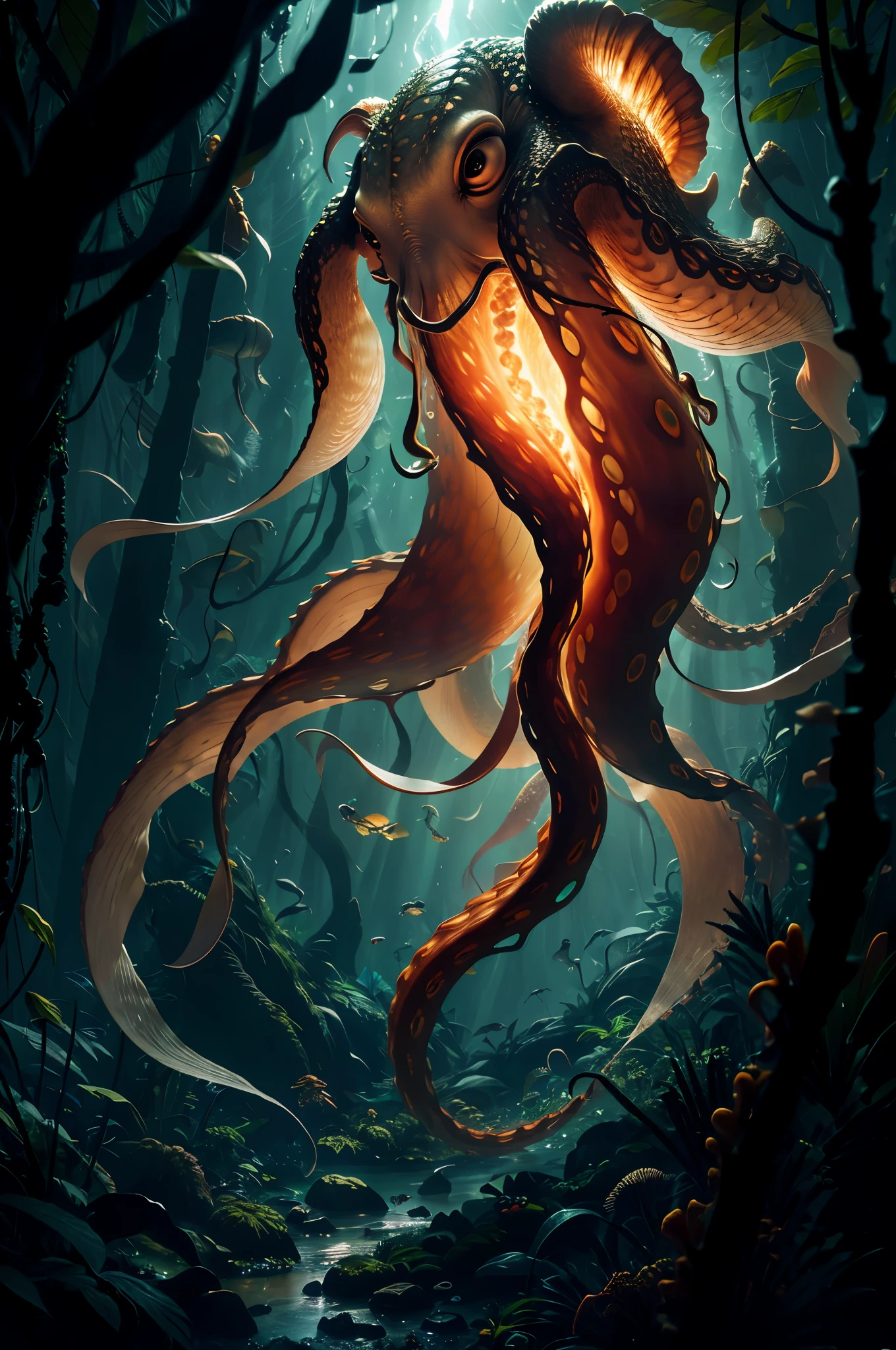 Big Octopus transparent and lighting body, walking on all six legs, (((cuttlefish head))), ((four eyes)), six leghs, in the jungle, jungle, rain forest, high image quality, realistic look, high-resolution photography, 8K, full-frame matrix, deep shadows, ((one character)), (intricate details, subsurface scattering, hyperdetailed:1.15), (hyperrealism, volumetric lighting, sharp:1.5) Fujifilm XT3