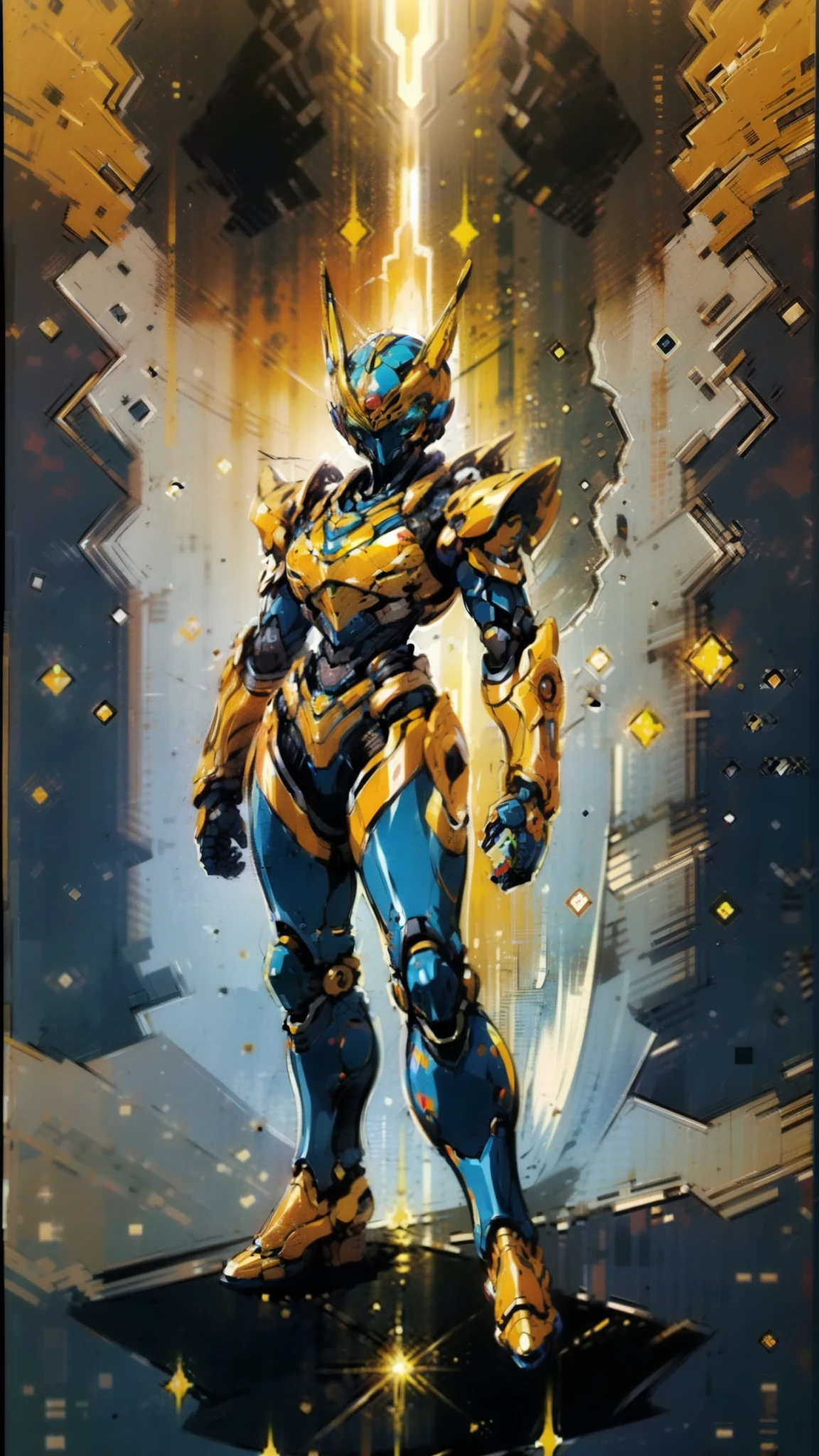 A woman adorned in fantasy-style full-body armor, a crown-concept fully enclosed helmet that unveils only her eyes, a composite layered chest plate, fully encompassing shoulder and hand guards, a lightweight waist armor, form-fitting shin guards, the overall design is heavy-duty yet flexible, ((the armor gleams with a golden glow, complemented by red and blue accents)), exhibiting a noble aura, she floats above a fantasy-surreal high-tech city, this character embodies a finely crafted fantasy-surreal style armored hero in anime style, exquisite and mature manga art style, (Queen bee mixed with Spider concept Armor, plasma, blood), ((Element, energy, elegant, goddess, femminine:1.5)), metallic, high definition, best quality, highres, ultra-detailed, ultra-fine painting, extremely delicate, professional, anatomically correct, symmetrical face, extremely detailed eyes and face, high quality eyes, creativity, RAW photo, UHD, 32k, Natural light, cinematic lighting, masterpiece-anatomy-perfect, masterpiece:1.5