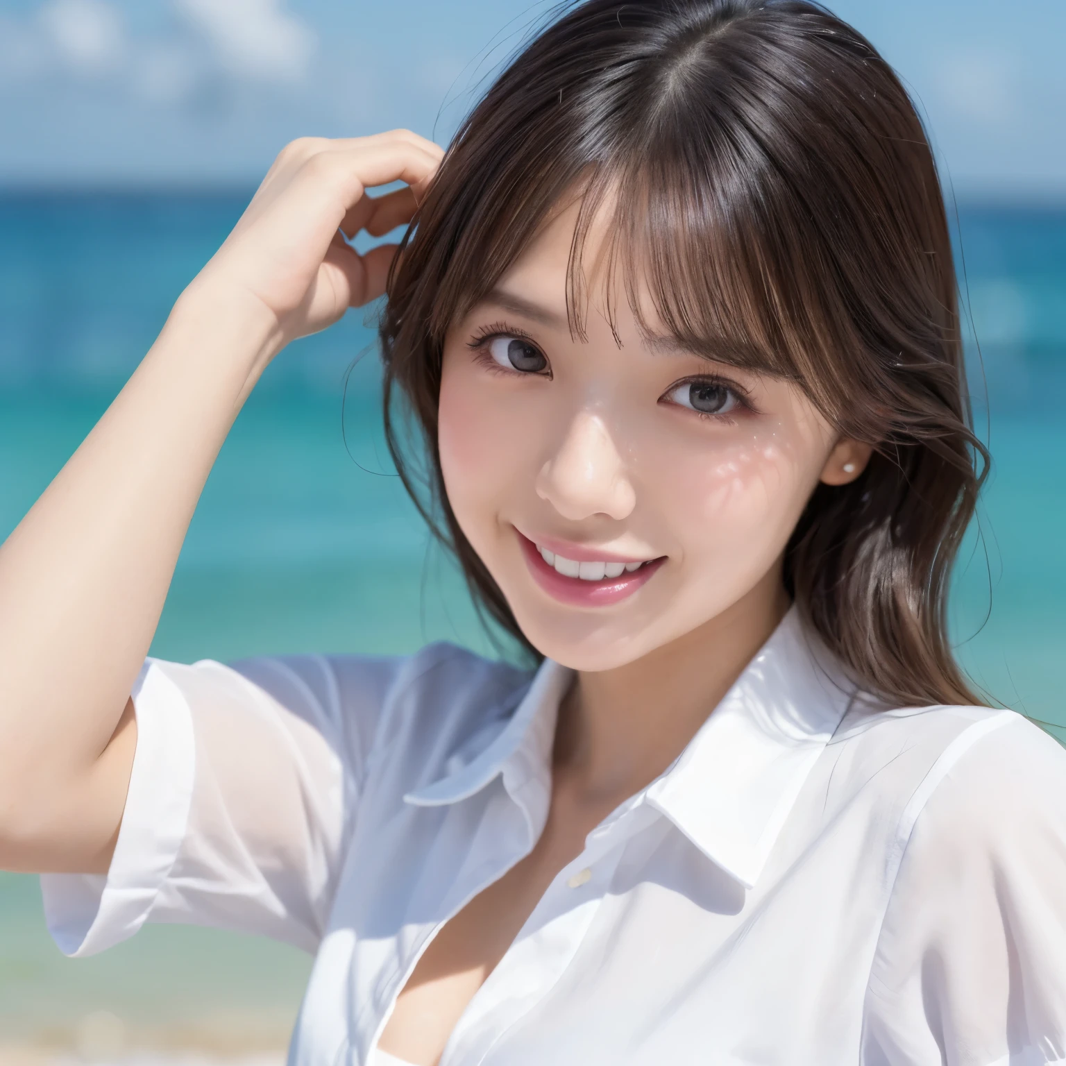 ((highest quality、table top、8k、best image quality、extremely complex and detailed depiction))、(1 person photo:1.1)、(look at me with your best smile:1.1)、(beautiful beach:1.1)、(Expose bare breasts:1.1)、(White polyester high school uniform short-sleeved collared shirt worn with all buttons undone.:1.1)、(Unbutton all the buttons on your perfect collared shirt:1.1)、emphasize body line、The most natural and perfect sea background、最も澄んだbeautiful sea、Very soft cleavage、(close up of face:1.2)、glamorous body、hair swaying in the wind、sandy beach、beautiful sea、The most transparent sparkling sea、Complex sea glow、The most detailed and realistic sea、beautiful seaの詳細が描かれています、(very brightly lit face:1.2)、Ultra high definition beauty face、(Super high resolution perfect beautiful teeth:1.1)、ultra high definition hair、Super high-definition sparkling eyes、(Pure white skin shining in ultra-high resolution:1.2)、Super high resolution glossy lips、The cutest gravure pose、(very bright and vivid:1.2)、(very bright:1.2)、(very refreshing:1.1)、(Glowing white beautiful skin:1.2)、(Very strong exposure:1.2)、(Pure white skin that shines very brightly:1.2)、(very strong highlights:1.2)、(very bright and glowing skin:1.2)、blurred background