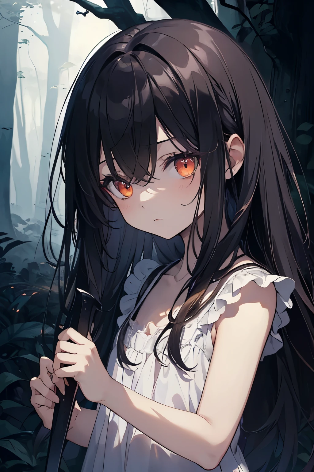 ((masterpiece, best quality)), (((grimdark))), wandering in the dark forest, wild girl, (((children))), 9 , darkness, wearing only a ruined sleeveless ((white nightshirt)), long black hair, orange eyes, night, fantasy dark forest, horror, (((night forest background))), holding a knife