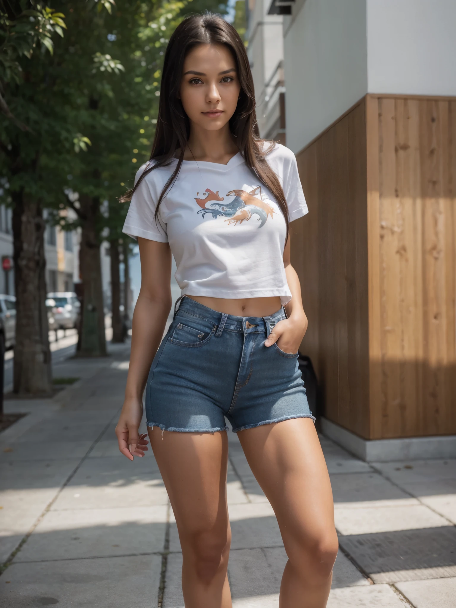 8k, RAW photo, best quality, ultra high resolution, photorealistic, realistic photo of skinny brunette girl in the hood, (slim brunette girl, slim face, tanned skin, straight hair, (black hair)) in the hood, full body picture, photo from the side, wearing white t-shirt with dragon print, dragon print t-shirt, wearing tight jeans shorts, (tight jeans shorts), wearing high heels shoes, high heels, looking at viewer, smirking, sexy pose, (extremely detailed CG unity 8k wallpaper), 8k uhd, dslr, bright lighting, high quality, Fujifilm XT3 sharp focus, f 5.6, High Detail, Sharp focus, (natural bright light)