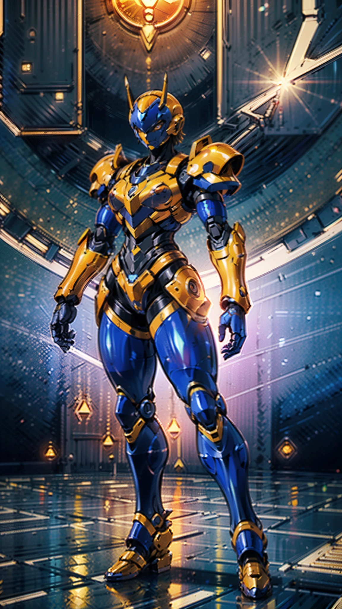 A woman adorned in fantasy-style full-body armor, a crown-concept fully enclosed helmet that unveils only her eyes, a composite layered chest plate, fully encompassing shoulder and hand guards, a lightweight waist armor, form-fitting shin guards, the overall design is heavy-duty yet flexible, ((the armor gleams with a golden glow, complemented by red and blue accents)), exhibiting a noble aura, she floats above a fantasy-surreal high-tech city, this character embodies a finely crafted fantasy-surreal style armored hero in anime style, exquisite and mature manga art style, (Queen bee mixed with Spider concept Armor, plasma, blood), ((Element, energy, elegant, goddess, femminine:1.5)), metallic, high definition, best quality, highres, ultra-detailed, ultra-fine painting, extremely delicate, professional, anatomically correct, symmetrical face, extremely detailed eyes and face, high quality eyes, creativity, RAW photo, UHD, 32k, Natural light, cinematic lighting, masterpiece-anatomy-perfect, masterpiece:1.5