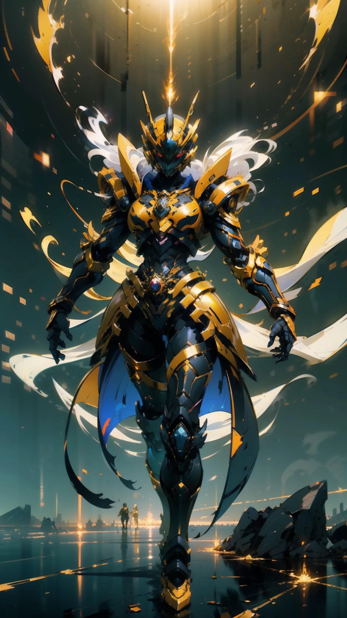 A woman adorned in fantasy-style full-body armor, a crown-concept fully enclosed helmet that unveils only her eyes, a composite layered chest plate, fully encompassing shoulder and hand guards, a lightweight waist armor, form-fitting shin guards, the overall design is heavy-duty yet flexible, ((the armor gleams with a golden glow, complemented by red and blue accents)), exhibiting a noble aura, she floats above a fantasy-surreal high-tech city, this character embodies a finely crafted fantasy-surreal style armored hero in anime style, exquisite and mature manga art style, (Queen bee mixed with Spider concept Armor, plasma, blood), ((Element, energy, elegant, goddess, femminine:1.5)), metallic, high definition, best quality, highres, ultra-detailed, ultra-fine painting, extremely delicate, professional, anatomically correct, symmetrical face, extremely detailed eyes and face, high quality eyes, creativity, RAW photo, UHD, 32k, Natural light, cinematic lighting, masterpiece-anatomy-perfect, masterpiece:1.5