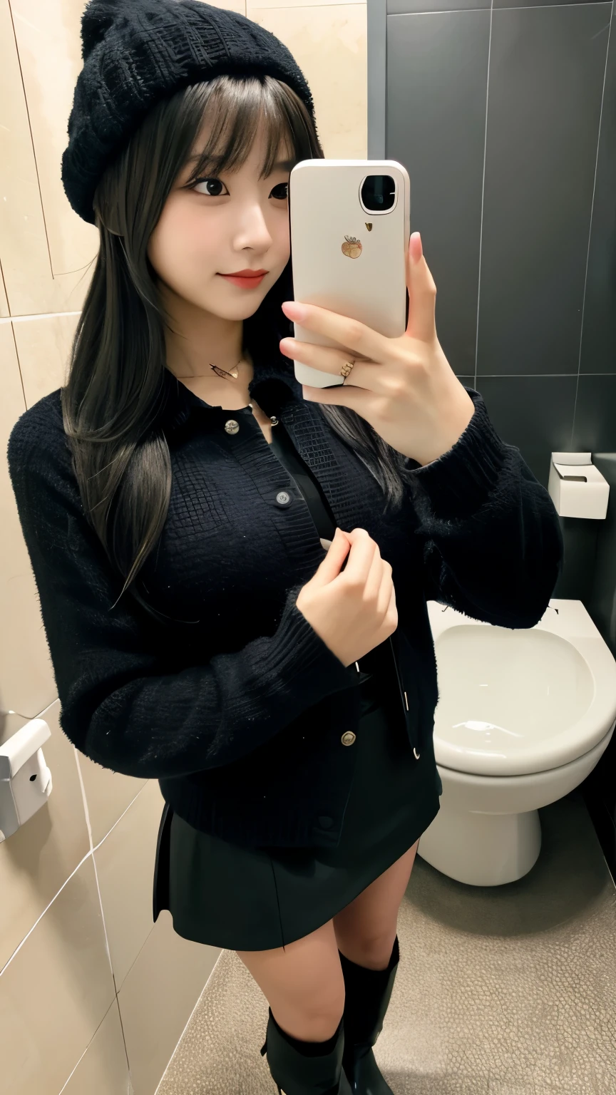 selfie,from the front,knit hat,black hair,straight hair jacket,shirt,skirt,pantyhose,black boots,Bathroom,Super high quality,masterpiece,super high quality,ultra high resolution,Highest image quality,superlative,highest quality,highest resolution,high quality,beautiful,beautiful,High quality,realな質感,real,8K,detailed,