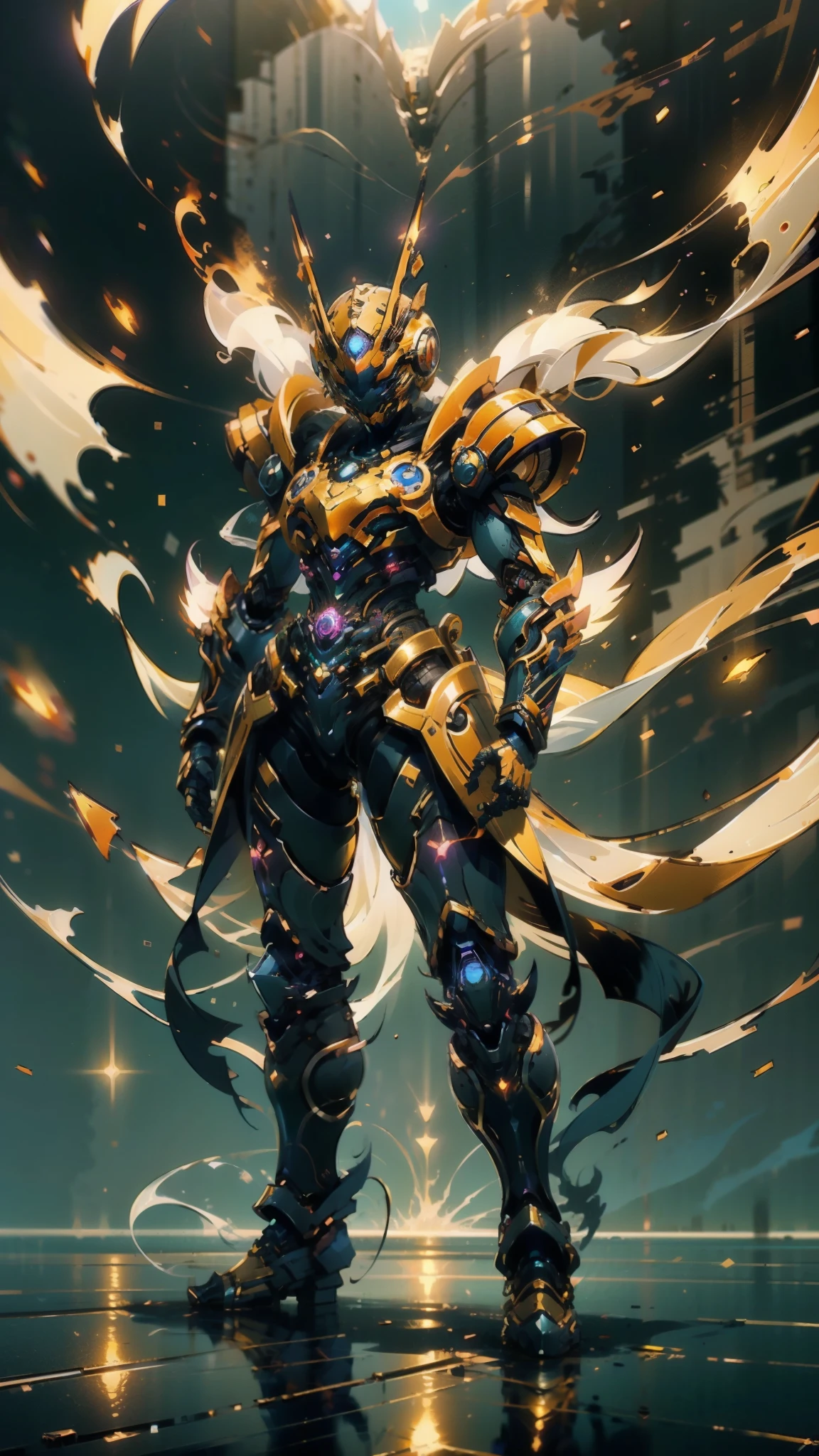 A woman adorned in fantasy-style full-body armor, a crown-concept fully enclosed helmet that unveils only her eyes, a composite layered chest plate, fully encompassing shoulder and hand guards, a lightweight waist armor, form-fitting shin guards, the overall design is heavy-duty yet flexible, ((the armor gleams with a golden glow, complemented by red and blue accents)), exhibiting a noble aura, she floats above a fantasy-surreal high-tech city, this character embodies a finely crafted fantasy-surreal style armored hero in anime style, exquisite and mature manga art style, (Queen bee mixed with Spider concept Armor, plasma, blood), ((Element, energy, elegant, goddess, femminine:1.5)), metallic, high definition, best quality, highres, ultra-detailed, ultra-fine painting, extremely delicate, professional, anatomically correct, symmetrical face, extremely detailed eyes and face, high quality eyes, creativity, RAW photo, UHD, 32k, Natural light, cinematic lighting, masterpiece-anatomy-perfect, masterpiece:1.5