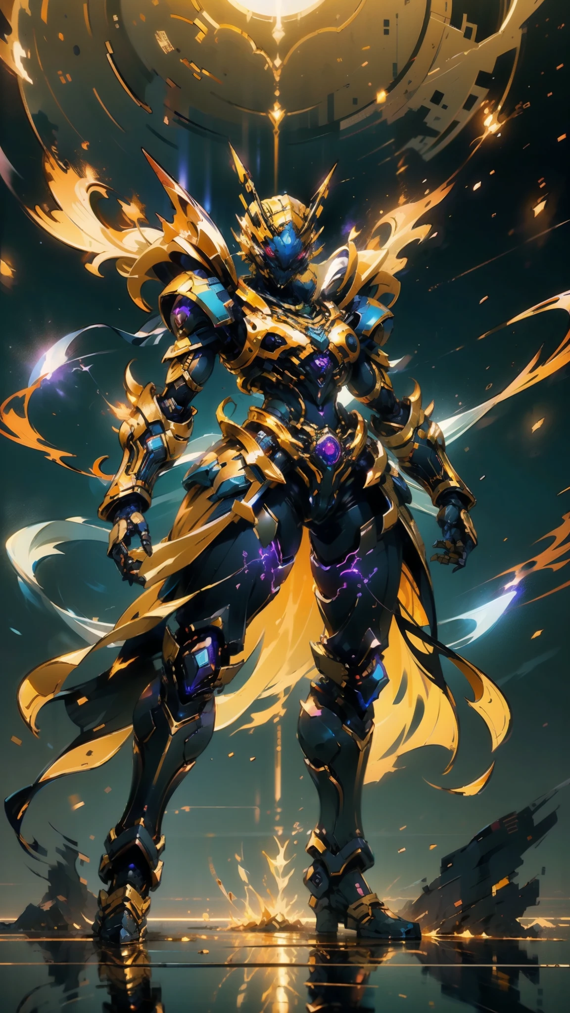 A woman adorned in fantasy-style full-body armor, a crown-concept fully enclosed helmet that unveils only her eyes, a composite layered chest plate, fully encompassing shoulder and hand guards, a lightweight waist armor, form-fitting shin guards, the overall design is heavy-duty yet flexible, ((the armor gleams with a golden glow, complemented by red and blue accents)), exhibiting a noble aura, she floats above a fantasy-surreal high-tech city, this character embodies a finely crafted fantasy-surreal style armored hero in anime style, exquisite and mature manga art style, (Queen bee mixed with Spider concept Armor, plasma, blood), ((Element, energy, elegant, goddess, femminine:1.5)), metallic, high definition, best quality, highres, ultra-detailed, ultra-fine painting, extremely delicate, professional, anatomically correct, symmetrical face, extremely detailed eyes and face, high quality eyes, creativity, RAW photo, UHD, 32k, Natural light, cinematic lighting, masterpiece-anatomy-perfect, masterpiece:1.5