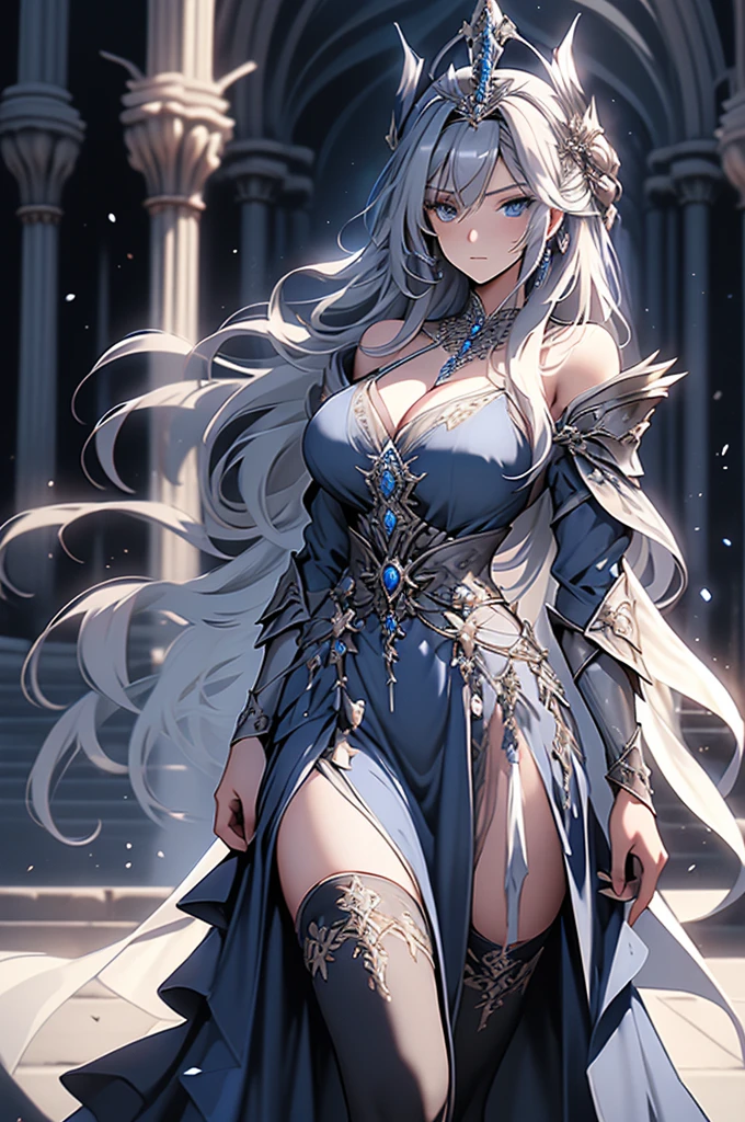 highres, masterpiece, 1girls, gray hair, blue eyes, legwear, huge breasts, dress, robe, royal robe, layered dress, v-neck, (pelvic curtain), long hair, mature female, (thick thighs), standing, expressionless, tiara, castle in background, balcony, (thighhighs:1.2), blue dress, (side view)