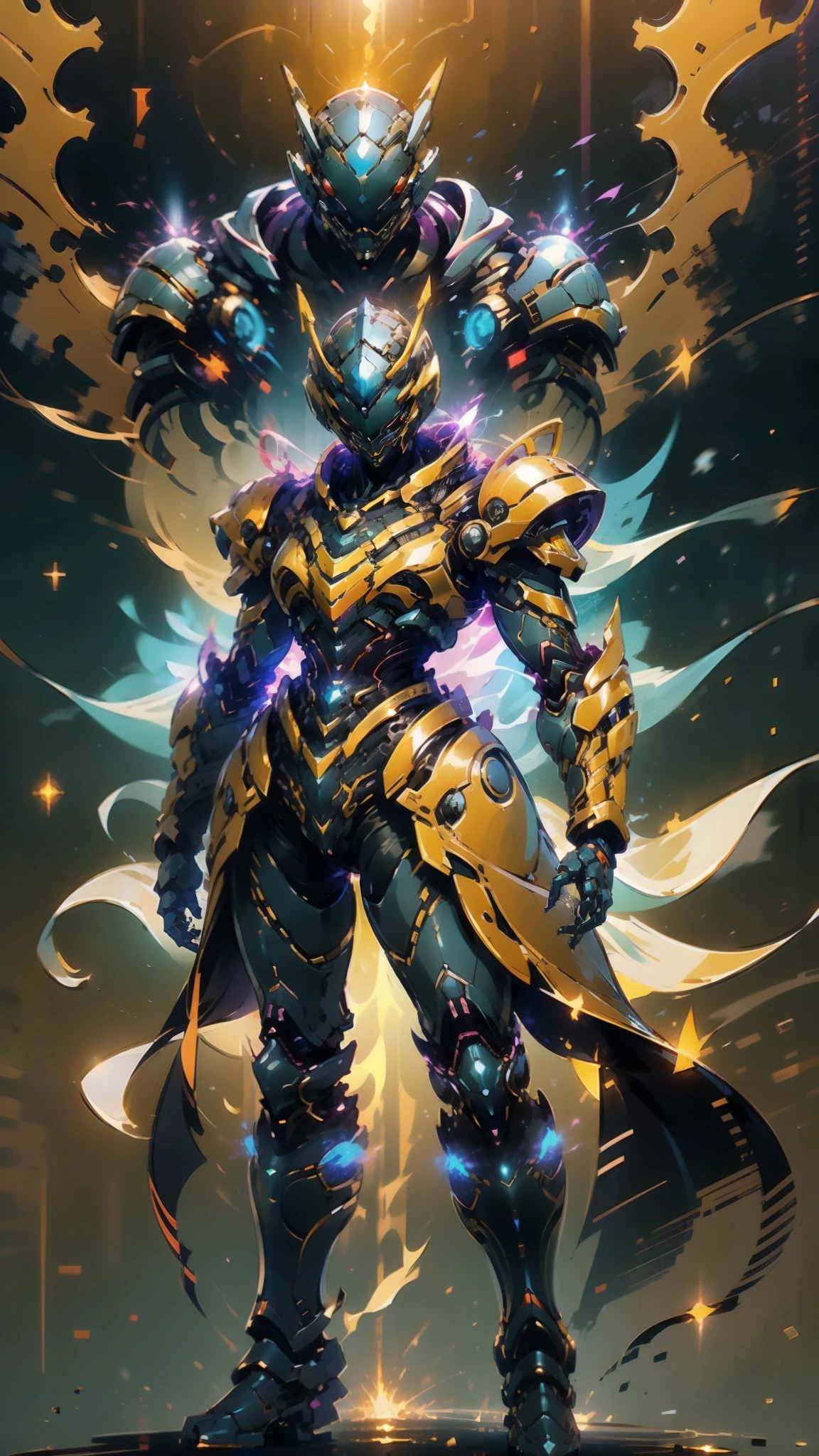 A woman adorned in fantasy-style full-body armor, a crown-concept fully enclosed helmet that unveils only her eyes, a composite layered chest plate, fully encompassing shoulder and hand guards, a lightweight waist armor, form-fitting shin guards, the overall design is heavy-duty yet flexible, ((the armor gleams with a golden glow, complemented by red and blue accents)), exhibiting a noble aura, she floats above a fantasy-surreal high-tech city, this character embodies a finely crafted fantasy-surreal style armored hero in anime style, exquisite and mature manga art style, (Queen bee mixed with Spider concept Armor, plasma, blood), ((Element, energy, elegant, goddess, femminine:1.5)), metallic, high definition, best quality, highres, ultra-detailed, ultra-fine painting, extremely delicate, professional, anatomically correct, symmetrical face, extremely detailed eyes and face, high quality eyes, creativity, RAW photo, UHD, 32k, Natural light, cinematic lighting, masterpiece-anatomy-perfect, masterpiece:1.5