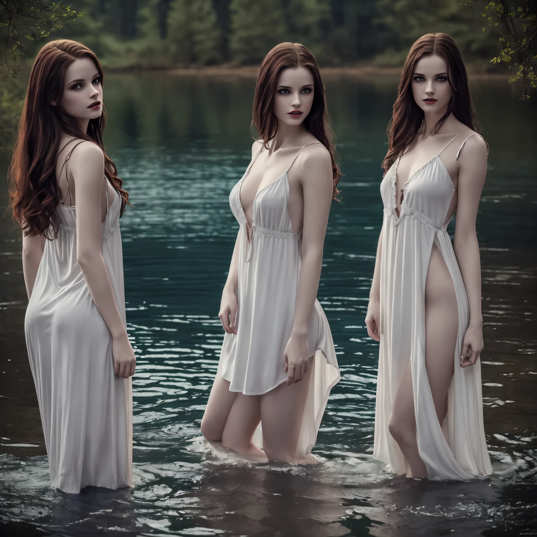 ((Night)) ((a deserted lake)) 3 Vampire women, (full body), 1 brunette, 1 blonde, 1 redhead, pale skin, fangs bared, sexy pale nightgown, looking at viewer, rises out of the water, soaking wet. style of a painted book illustration, dramatic lighting, (depth of field), ((masterpiece)), ((best quality)), ((highly detailed))