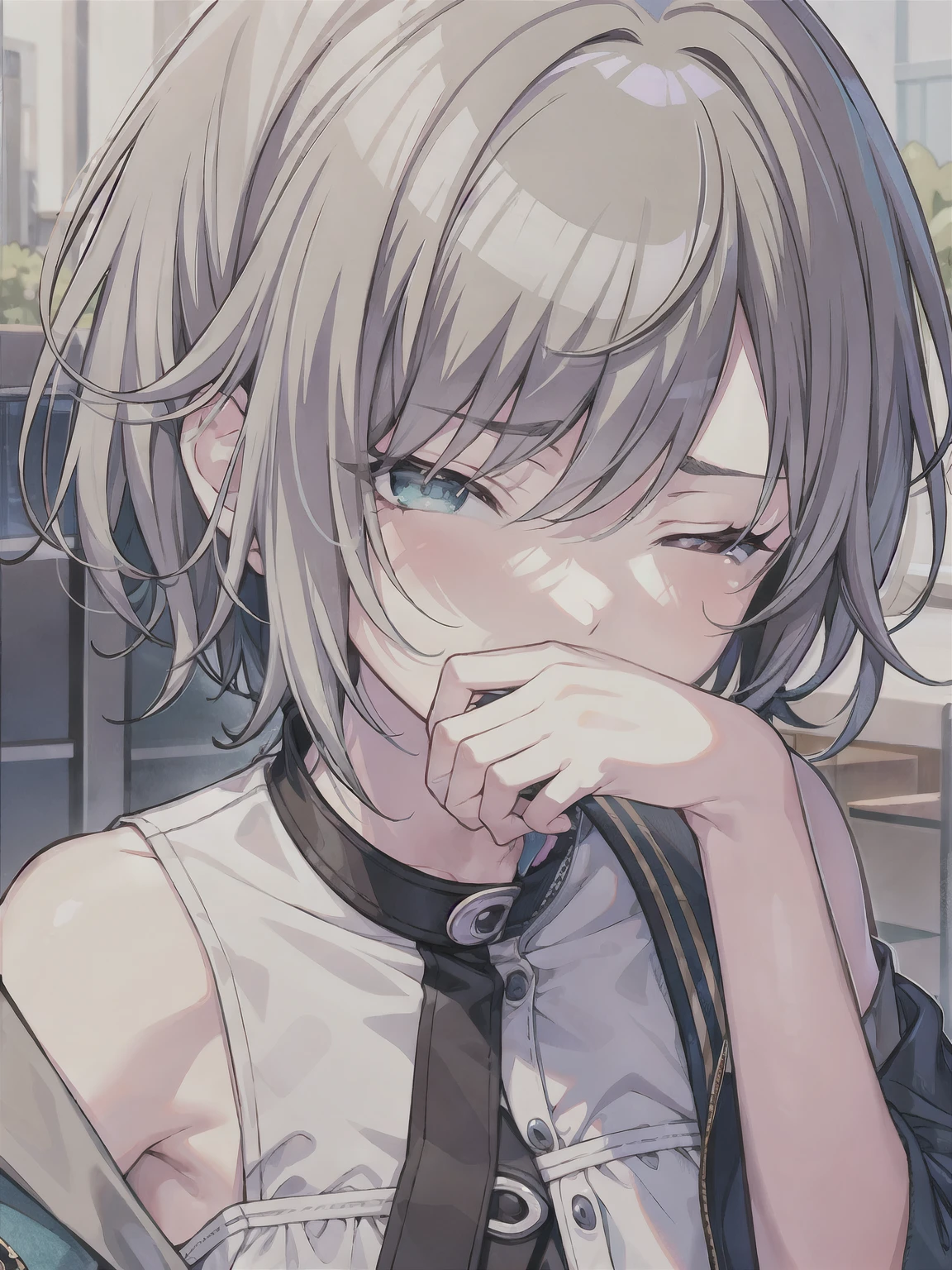 (masterpiece), short hair, grey hair, small breasts, hinomori shiho, tomboy, shiho_h, ((((The girl covers her face with her palm to avoid smelling the smell.)))) , 1girl ,covering face with hand,covering all face with hand,one eye closed, winking eye,half closed eye, wearing cloth, frownimg  eyebrow, (((Scene where a girl covers her nose with her hand))))
