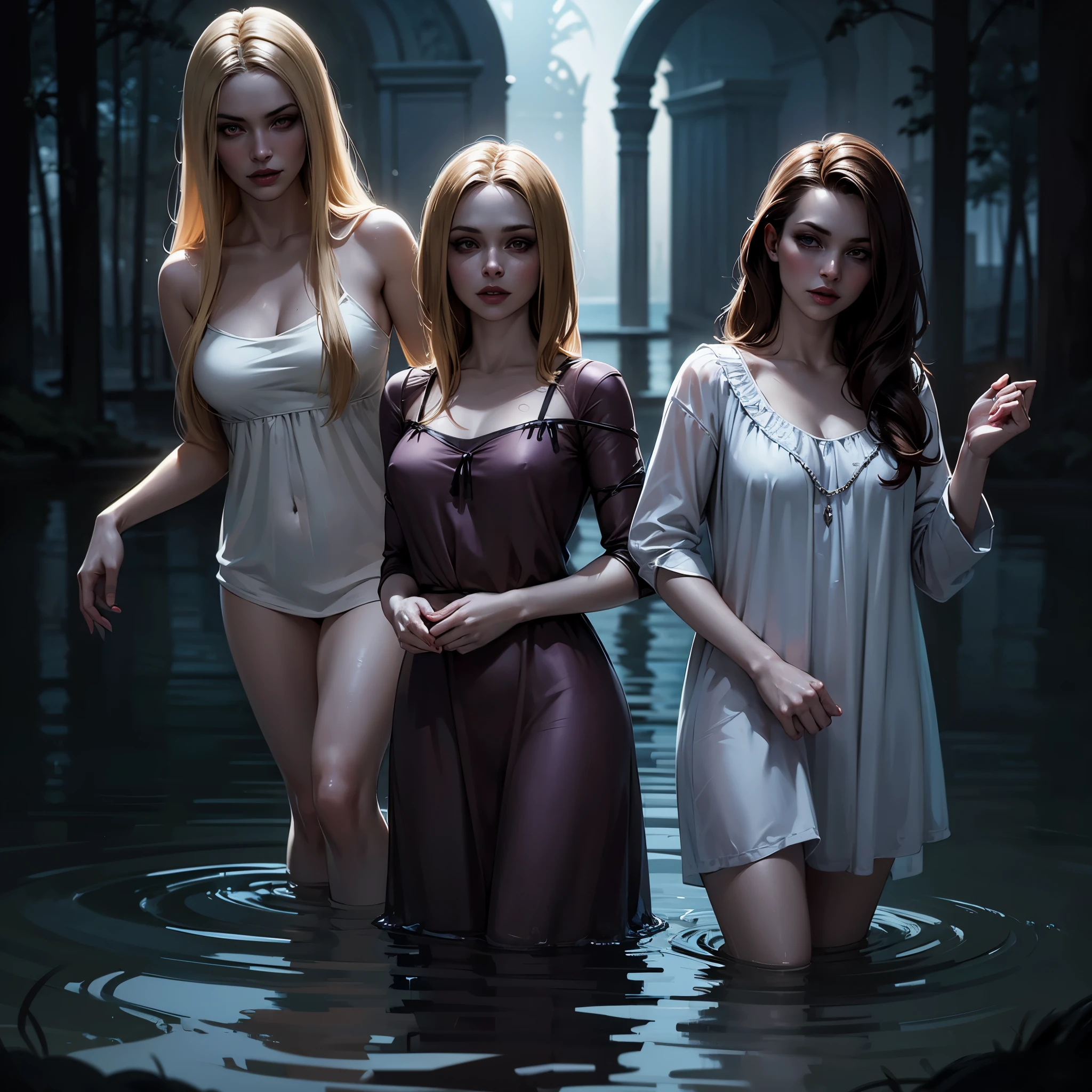 ((Night)) ((a deserted lake)) three Vampire women, (full body), one black hair, one blonde, one redhead, pale skin, fangs bared, (sexy pale see-thru nightgowns, (pubic hair), NSFW), looking at viewer, rising out of the water, soaking wet. style of a painted book illustration, dramatic lighting, (depth of field), ((masterpiece)), ((best quality)), ((highly detailed))
