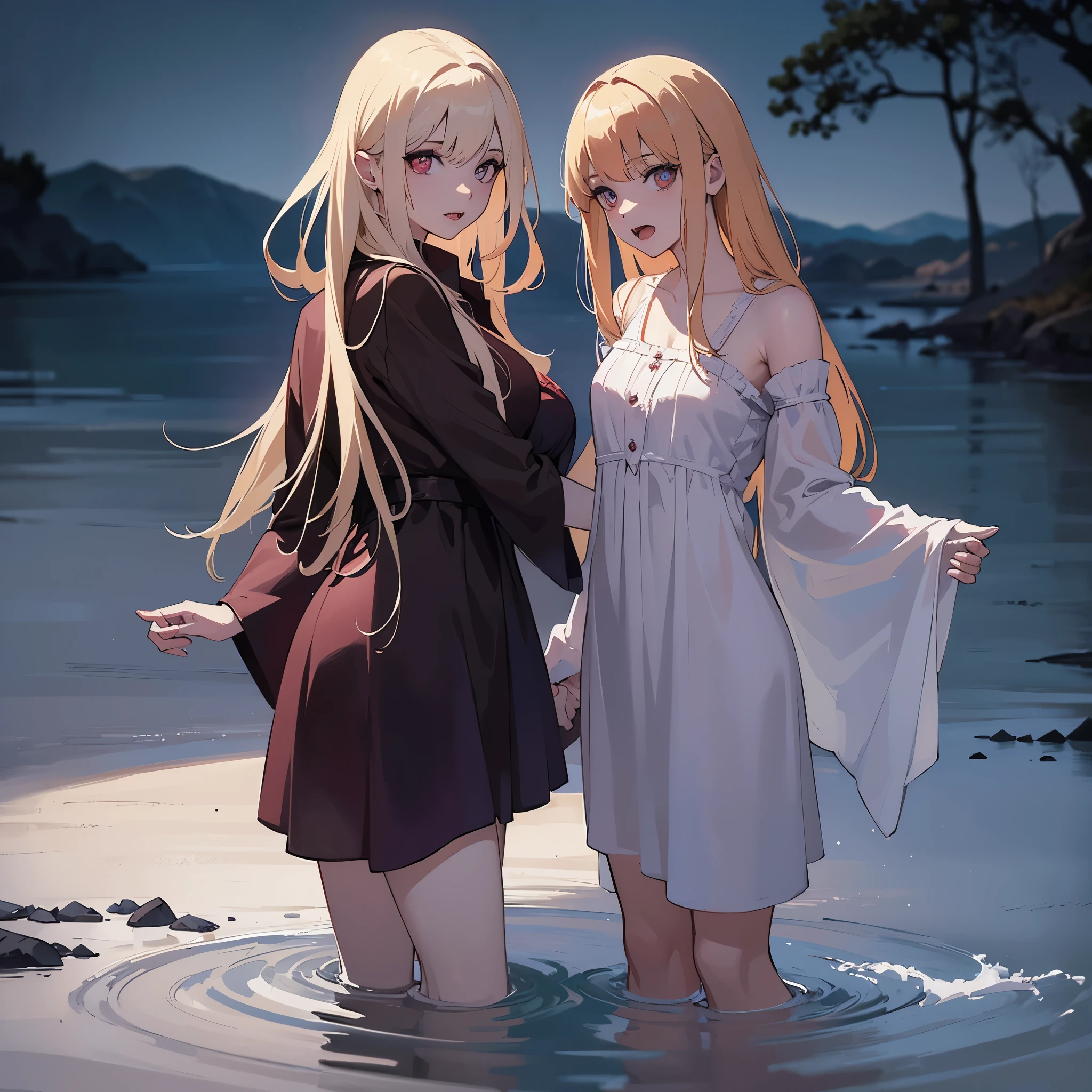 ((Night)) ((a deserted lake)) 3 Vampire women, (full body), 1 brunette, 1 blonde, 1 redhead, pale skin, fangs bared, sexy pale nightgown, looking at viewer, rises out of the water, soaking wet. style of a painted book illustration, dramatic lighting, (depth of field), ((masterpiece)), ((best quality)), ((highly detailed))