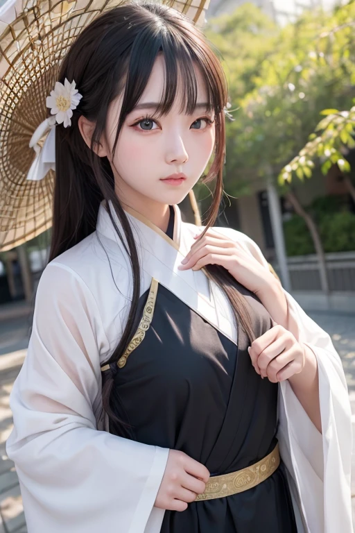 1 girl,whole body,highly detailed face, detailed and beautiful eyes,light shines on your face,cinematic lighting,looking at the viewer,outdoors,black hair,(bulk chinese architecture:0.05),Hanfu,