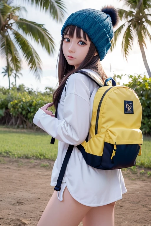 anime girl and (((Yellow Backpack))) and (((four dogs in a field of coconut trees))), ((((blue eyed girl)))), (((girl is wearing a beanie hat))), cute detailed digital art, adorable digital paintings, ((((camera in front of character)))), Gwaites style artwork, Realistic anime 3d style, anime styled 3d, Cute 3d anime girl rendering, Created at Anime Artist Studio, anime style. 8k, Art Station Art for Kids, cute girl anime visual,