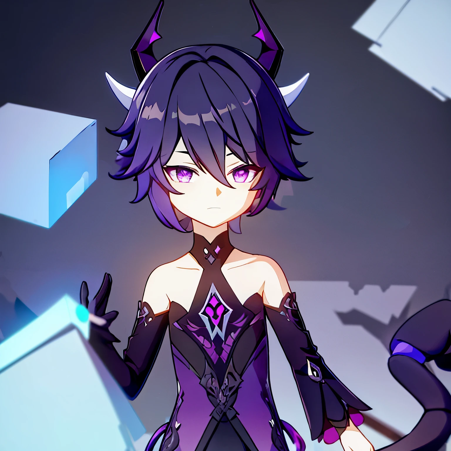 enderman minecraft anime boy genshin impact  black and white hair purple eyes tail ram horns