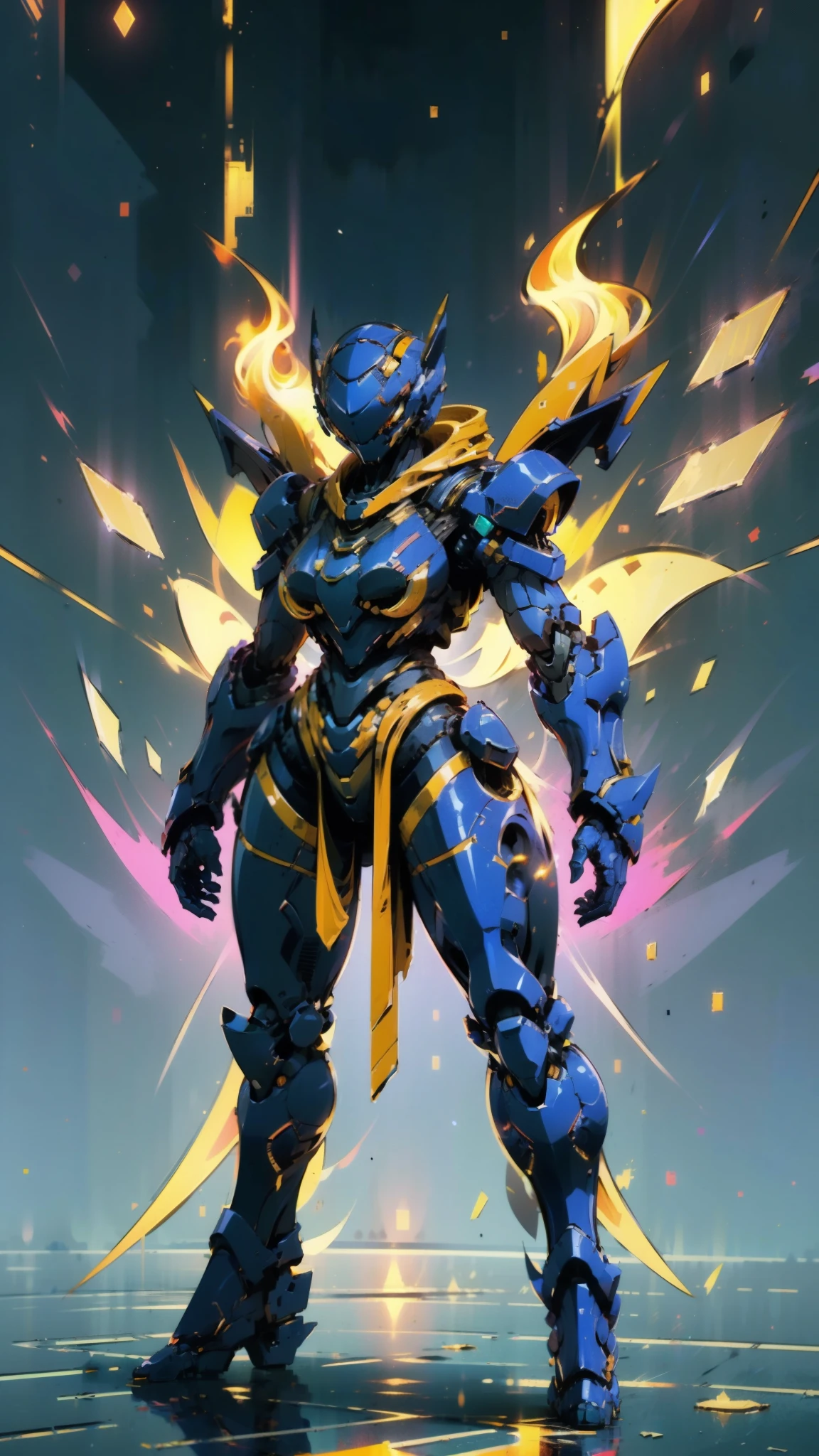 A woman adorned in fantasy-style full-body armor, a crown-concept fully enclosed helmet that unveils only her eyes, a composite layered chest plate, fully encompassing shoulder and hand guards, a lightweight waist armor, form-fitting shin guards, the overall design is heavy-duty yet flexible, ((the armor gleams with a golden glow, complemented by red and blue accents)), exhibiting a noble aura, she floats above a fantasy-surreal high-tech city, this character embodies a finely crafted fantasy-surreal style armored hero in anime style, exquisite and mature manga art style, (Queen bee mixed with Spider concept Armor, plasma, blood), ((Element, energy, elegant, goddess, femminine:1.5)), metallic, high definition, best quality, highres, ultra-detailed, ultra-fine painting, extremely delicate, professional, anatomically correct, symmetrical face, extremely detailed eyes and face, high quality eyes, creativity, RAW photo, UHD, 32k, Natural light, cinematic lighting, masterpiece-anatomy-perfect, masterpiece:1.5