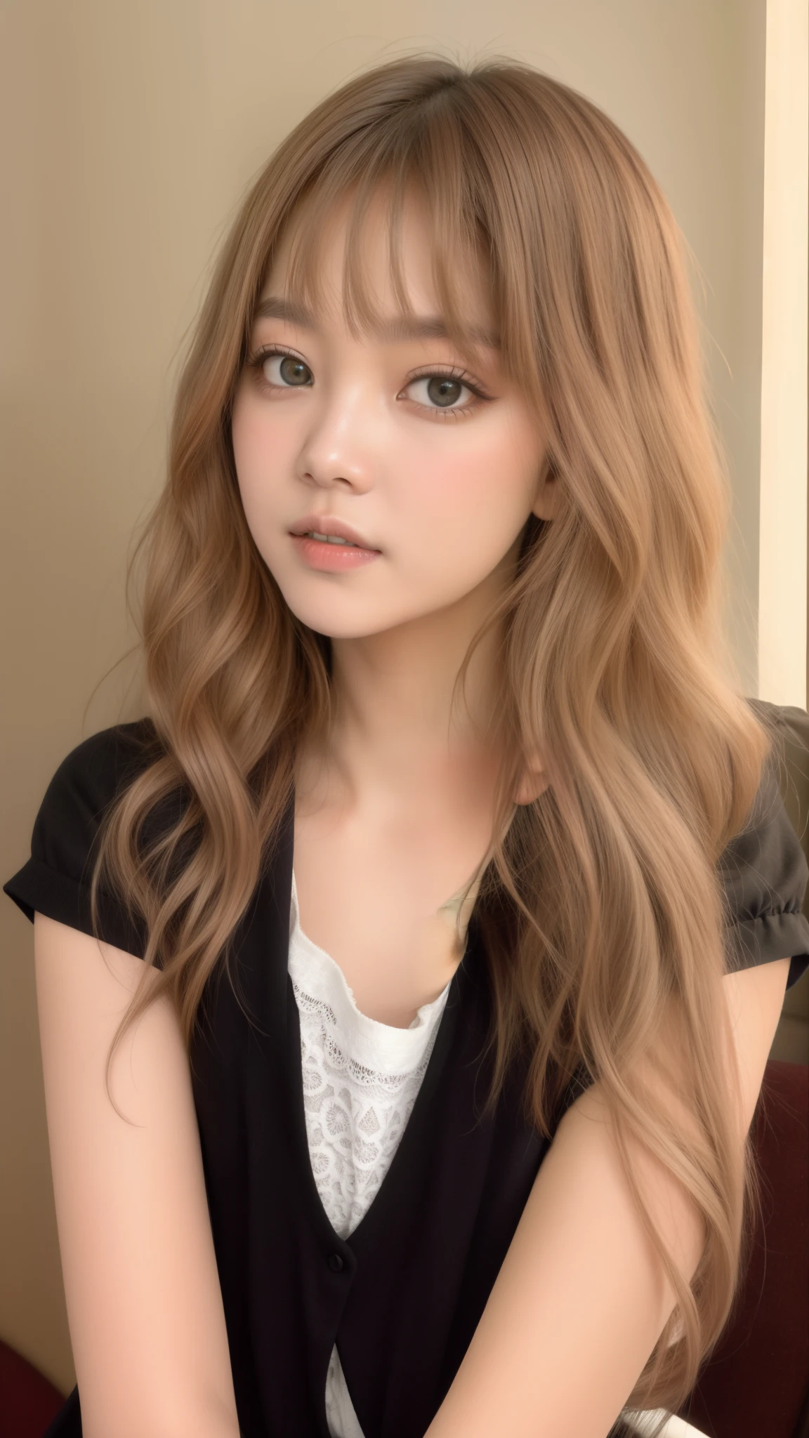 un primer plano de una mujer con cabello largo y vestido negro, Lalisa Manobal, parque roseanne de blackpink, Lalisa Manoban de Blackpink, nodded, taken in the early 2020s, con flequillo, el corte de hime, marisa kirisame, Lo lamento, Yoshitomo Nara