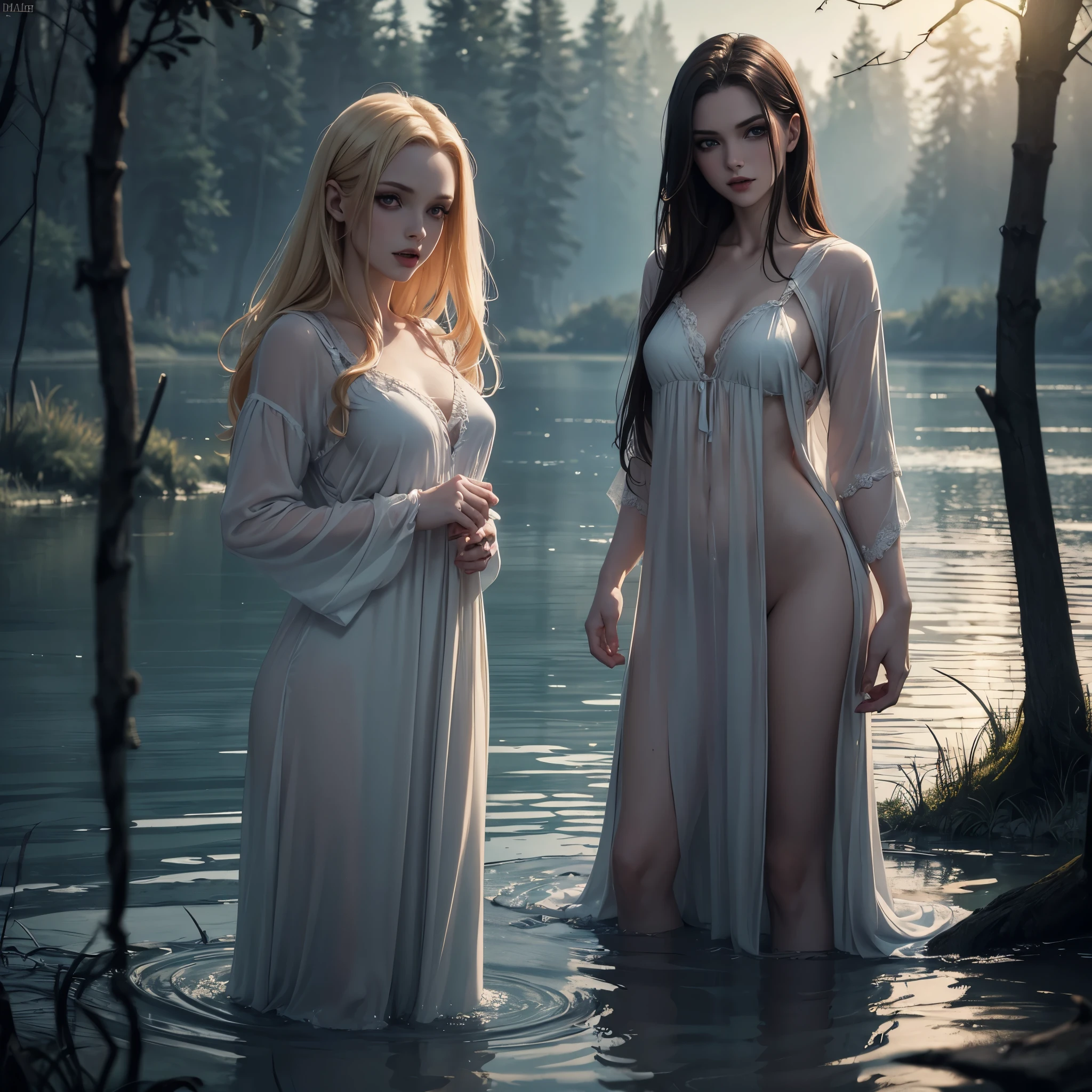((Night)) ((a deserted lake)) 3 Vampire women, (full body), 1 brunette, 1 blonde, 1 redhead, pale skin, fangs bared, sexy pale nightgown, looking at viewer, rises out of the water, soaking wet. style of a painted book illustration, dramatic lighting, (depth of field), ((masterpiece)), ((best quality)), ((highly detailed))