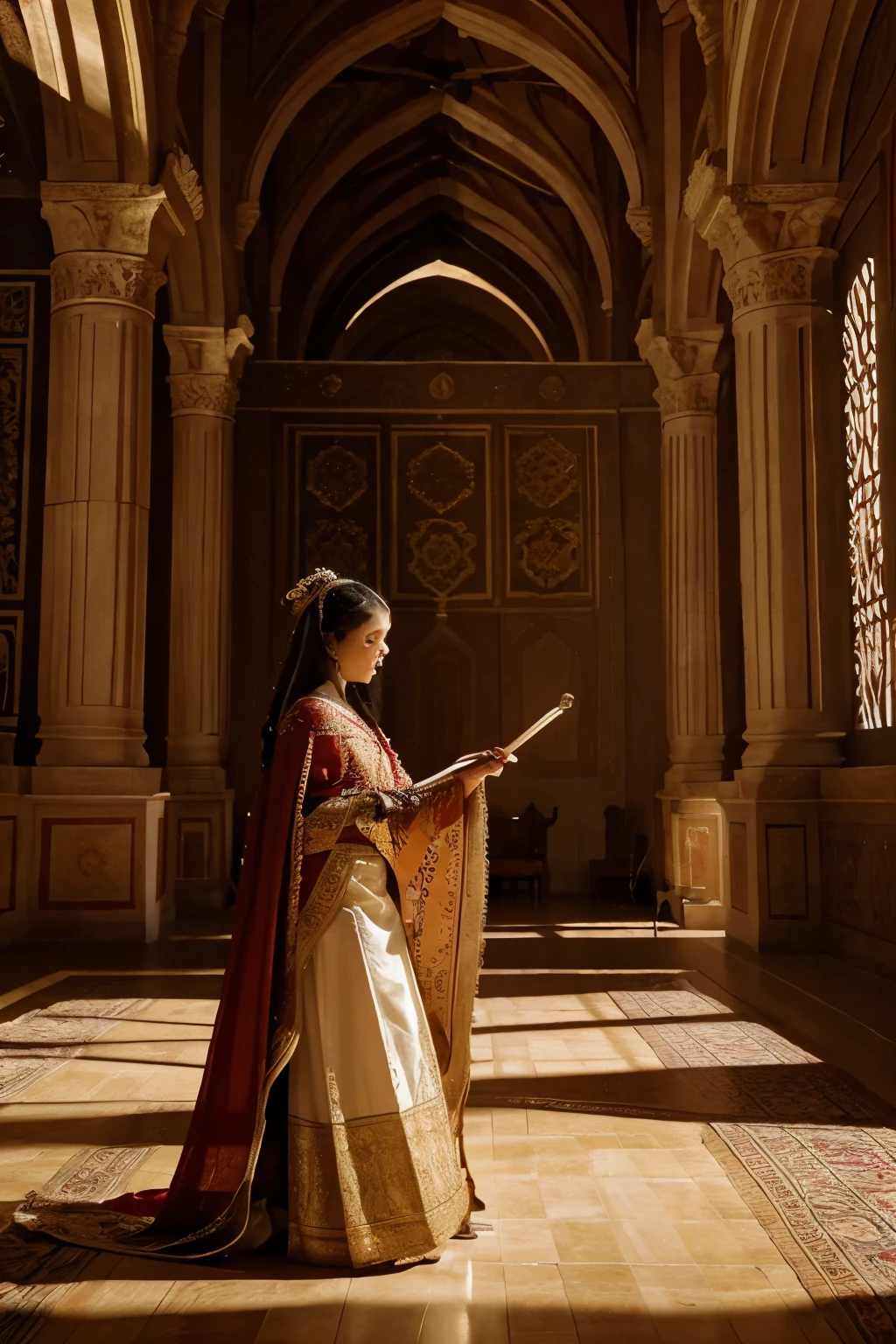 Scene 3: The Cultural Renaissance
In the grand halls of the Alcazar, poets recite verses that celebrate the emperor's achievements, while musicians play melodies that stir the soul. Artists work tirelessly to create masterpieces that will adorn the walls of the palace, showcasing the empire's cultural richness, realistic, 4k