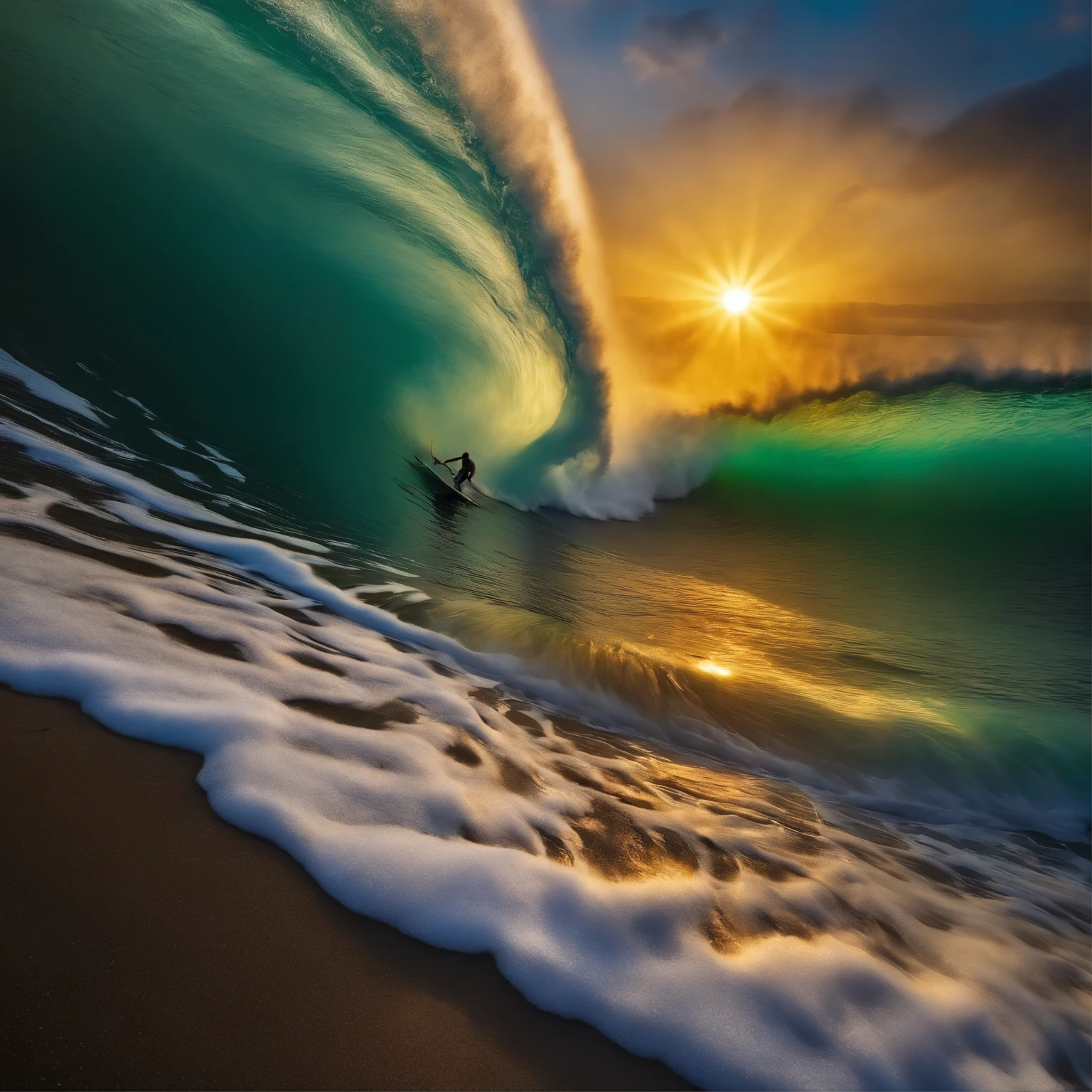 ((Parte surf)), ((melhor qualidade)), 8K, alto detalhe nas ondas, ultra-detalhado na paisagem,
Surfistas surfam as ondas enormes, water colored by the sunset, cobrem a foto, a spectacular rainbow. water drops in sunlight, luz e cor, imagem de drone com ondas tubulares,De Olho No Mar