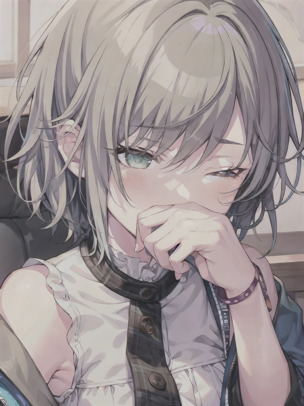 (masterpiece), short hair, grey hair, small breasts, hinomori shiho, tomboy, shiho_h, ((((The girl covers her face with her palm to avoid smelling the smell.)))) , 1girl ,covering face with hand,covering all face with hand,one eye closed, winking eye,half closed eye, wearing cloth, frownimg  eyebrow, (((Scene where a girl covers her nose with her hand))))
