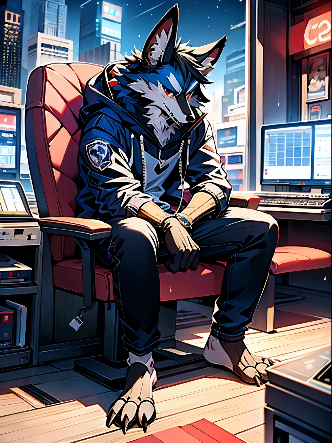 masterpiece,high resolution,8k,high quality,rest,rest,(medium build,black fur,red pupils,bright coat,)) Coyotes, shattered, muscular, male, doll,bright sweatshirt,hood,(cyberpunk style,City,Mechanization),solo,alone, hairy, werewolf, black Wolf, black hair, Pokemon, hairy, hairy, male, a beautiful face, long legs, High, perfect anatomy, balance, japanese manga, Scene style, convex, student outfit, leather jacket, jeans, cybercafe, gamble, , host, monitor, student, Urban, toe claws, a tail, 3 toes, , 4 fingers, 8k, nj5hairy, (light particles),(best quality),(masterpiece),(super detailed), shadow, a scene in, Extreme perspective and powerful composition, (magazine composition), sitting, sitting on the gamble chair, Viewing angle from the side, Focus on the protagonist, night