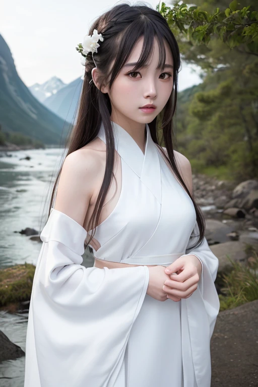highest quality, masterpiece, High resolution,, 1 girl, detailed face, (Upper body:1.6), cyber city, mountains and rivers, night, Firefly Light, realistic, rich in details, (white hanfu:1.2), (beautiful body:1.4),