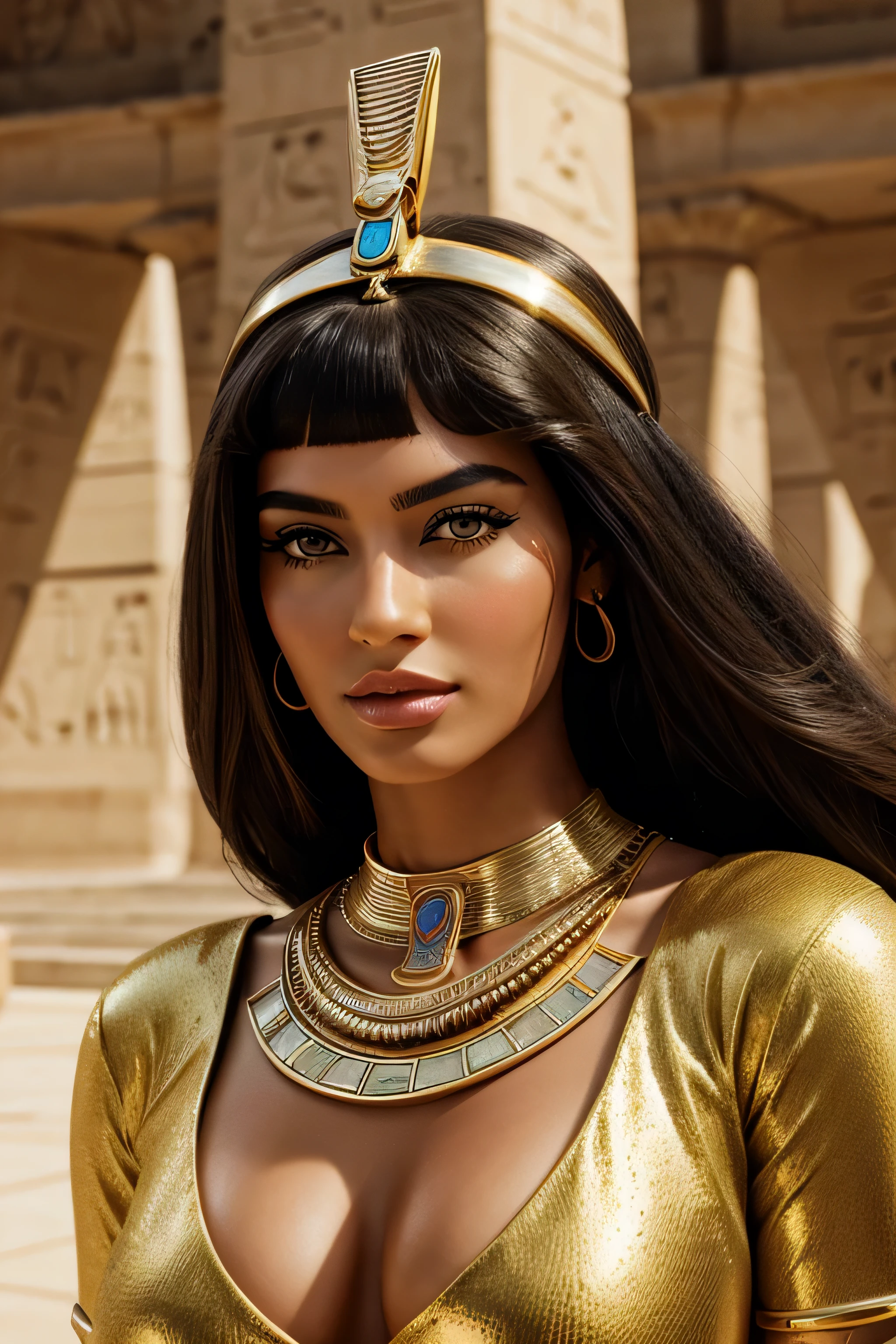 Hyper realistic photoshoot woman model vogue fashion magazine cover inspired by egyptian goddess modern days realistic skin hair face posing cleopatra Egyptian pyramids realistic person