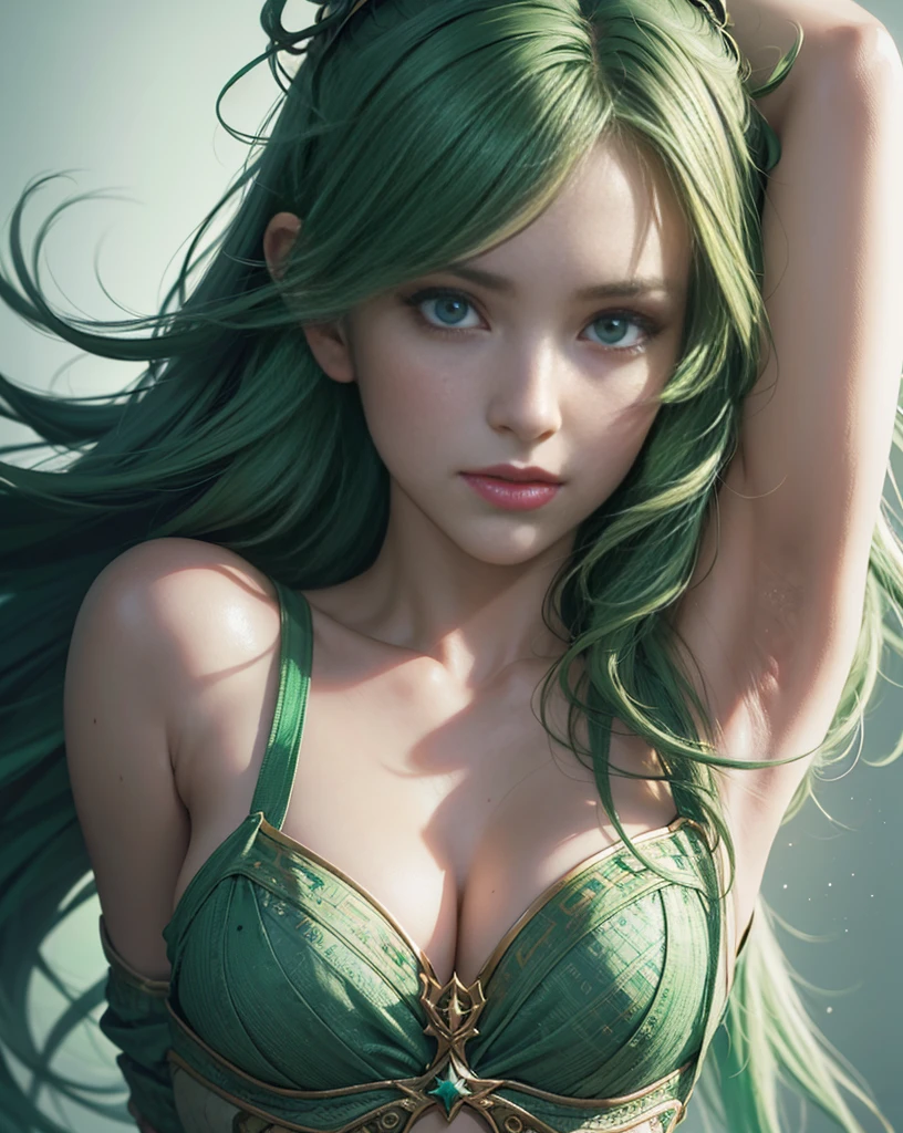 
Charlie Bowater&#39;s realistic lithograph sketch of a woman&#39;s portrait, star eye, shortcut, perfect lighting, green hair, green eyes, raised both arms, armpit, unreal engine, side light, detailed face, bangs, bright skin, diesel punk, Multicolored ribbons, old paper texture, very detailed