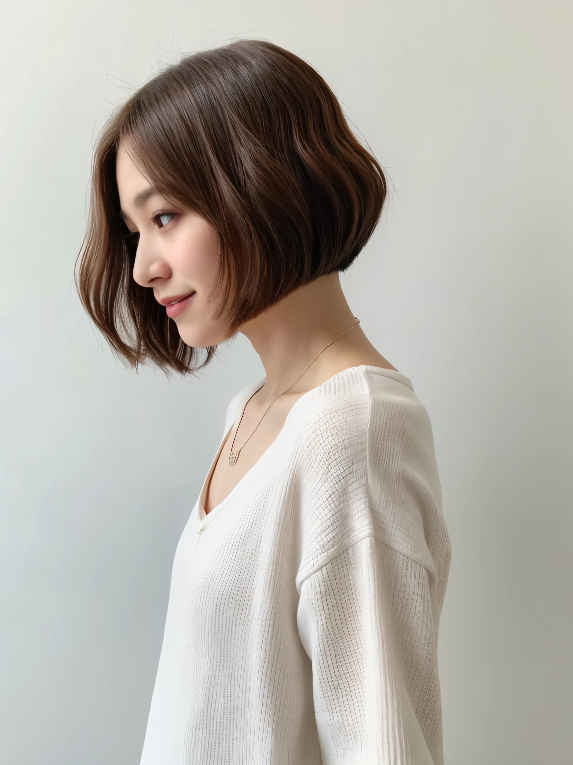 (8k、Raw photo、highest quality、masterpiece:1.2)、High-definition RAW color photo、professional photos、(realistic、photo realistic:1.37)、long sleeve dress、Photographed in natural light、1 girl、laughter、white wall、Taken in front of the white door、(窓のあるwhite wallの部屋)、Various poses、break (ombre:1.3) 、spring clothes、simple necklace、(Beautiful profile:1.3)、don't look at the camera、profile、bob、bobヘア、bob cuts、ロングbob