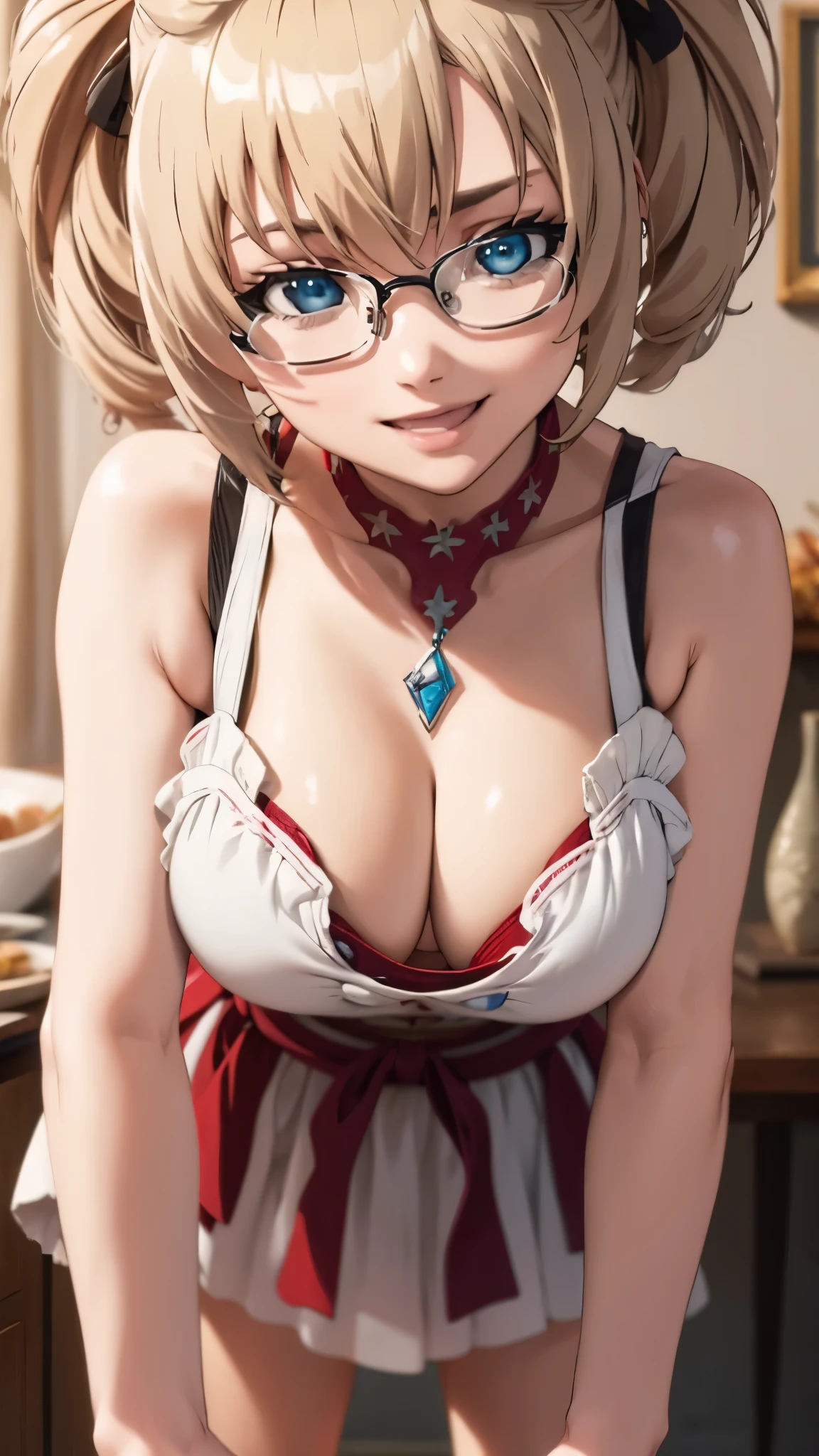 1 female,,blonde,(miniskirt and big white tank top, (big breasts), , natural smile,,frameless eyeglasses,(((leaning forward)))
