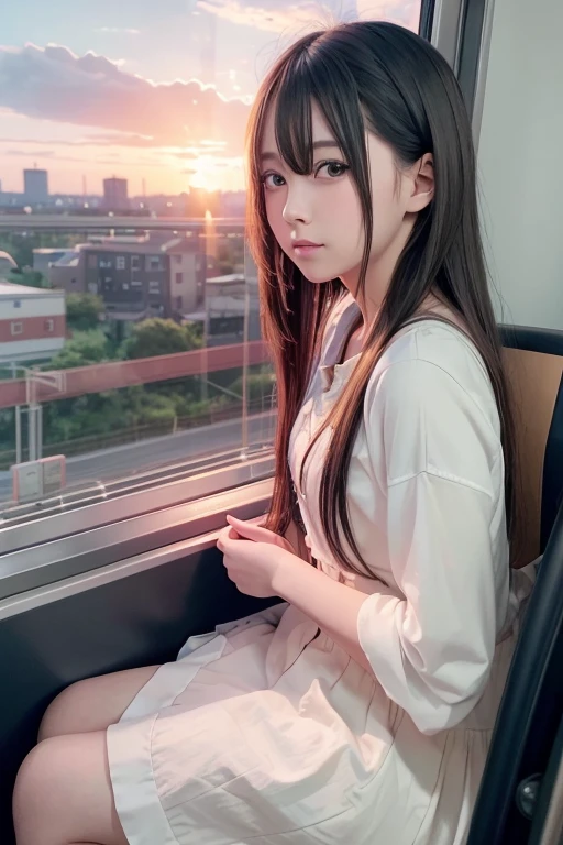 Anime girl sitting on a train and looking out the window, beautiful anime portrait, portrait of lofi at a window, beautiful anime girl, portrait of lofi, lofi girl, portrait anime girl, Gwaites style artwork, high quality portrait, with the sunset, attractive anime girl, cute anime girl, realistic cute girl drawing, anime style. 8k