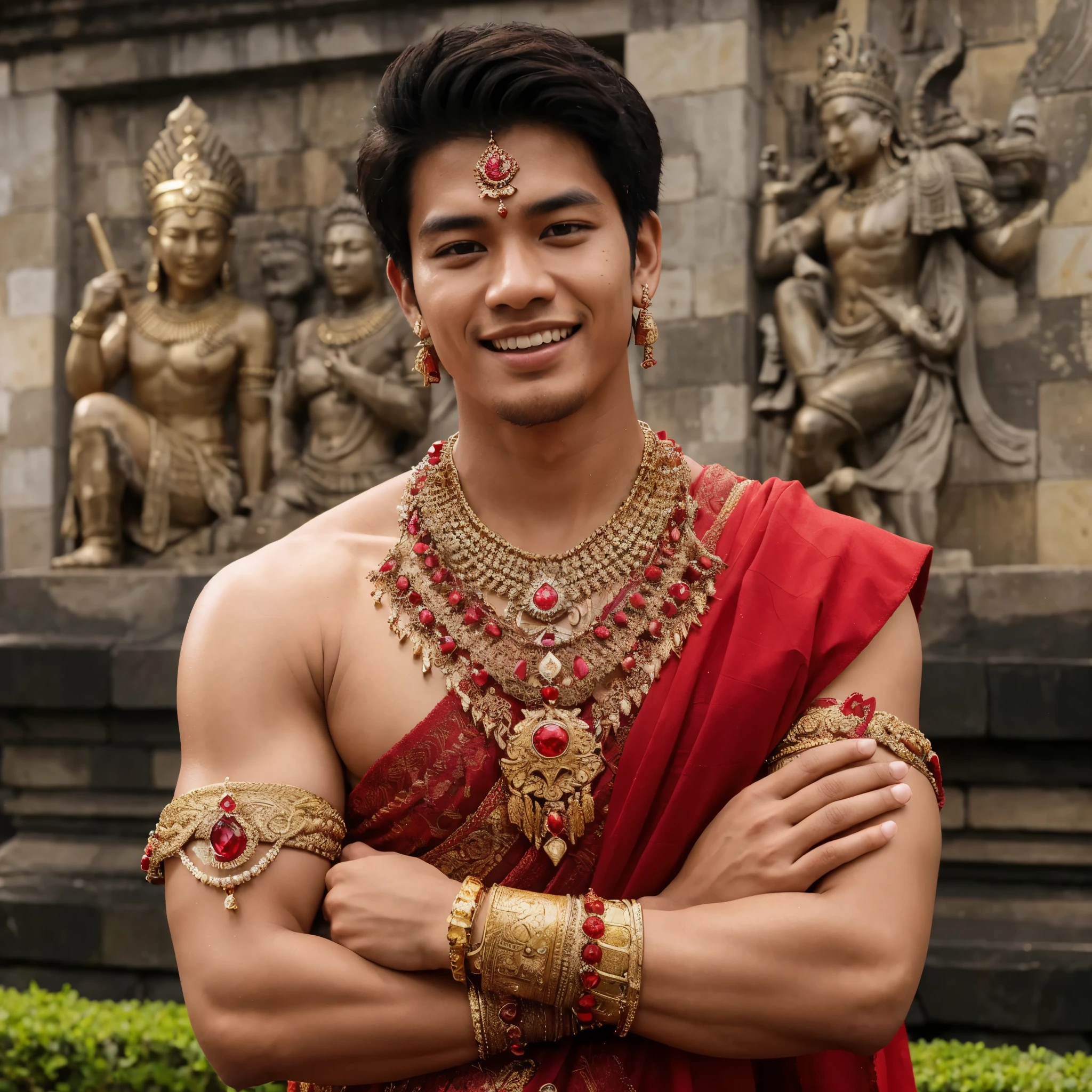 A 25 year old fit Indonesian man with a red shawl on his shoulders and body, wearing a luxurious gold necklace like a king and a crown studded with red diamonds, with gold earrings like a prince, on his arm there is a bracelet like the Mada Majapahit elephant, posing in front of a textured wall with reliefs statues and temples and statues. The individual's face is seen smiling happily facing the camera, eye to camera, eye level angle. The background of the image is outdoors with natural light illuminating the scene. Realistic, Hyperrealistic, Highly Resolution, 8K, Deep focus, Deep Realistic