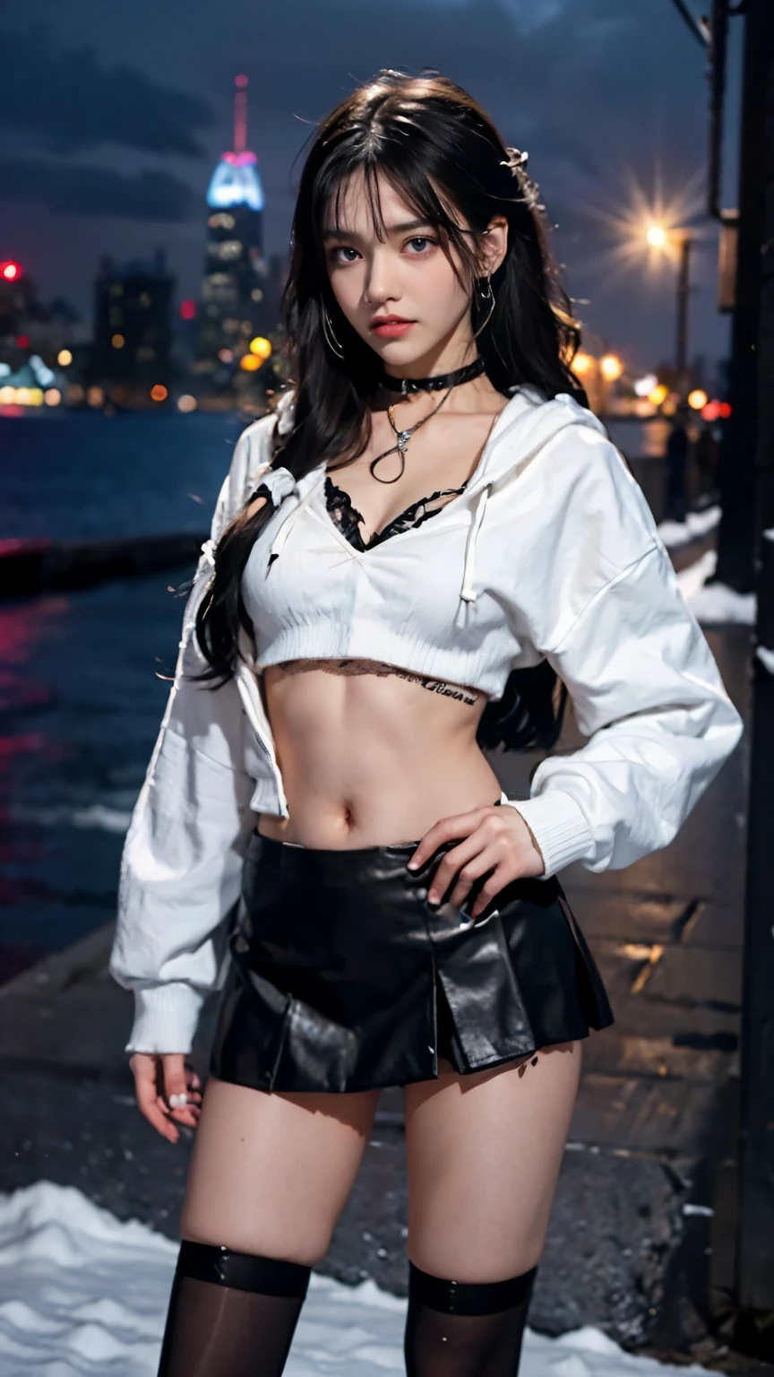 best quality,ultra high res,1girl,solo,full body,snow,angry, sporty teenage girl, sharp blue eyes, drowsy eyes, slender body, long wavy hair, black hair, smirking, thin eyebrows, medium breasts, sharp jaws, city night background, navel piercing, choker, cropped open white hoodie, black short skirts