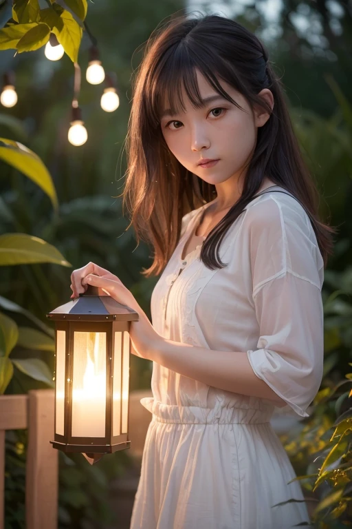 (8k, highest quality, masterpiece: 1.2), (realistic, photorealistic: 1.37), Super detailed, one girl, Wide viewing angles, firefly garden, There are many small faint lights and fireflies flying around., night