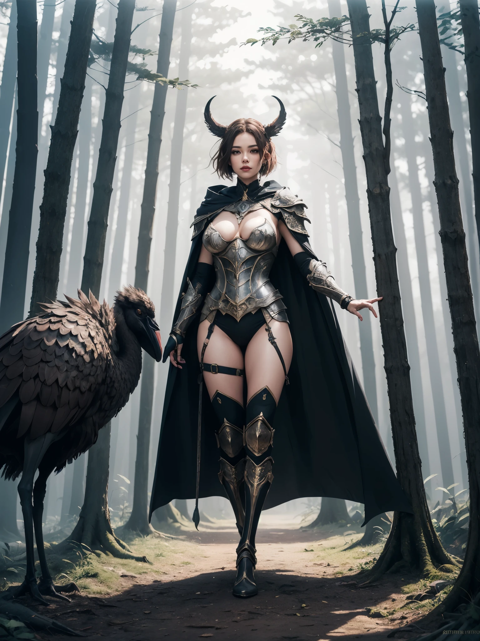 1girl, full body, fantasy feminine aesthetic fit armor, forest, long cape, thick fog, super details, intricate, focus on armor, masterpiece, natural red ostrich fan, geometric artstyle, elegant look, realistic, artistic feminine pose, huge breasts, 