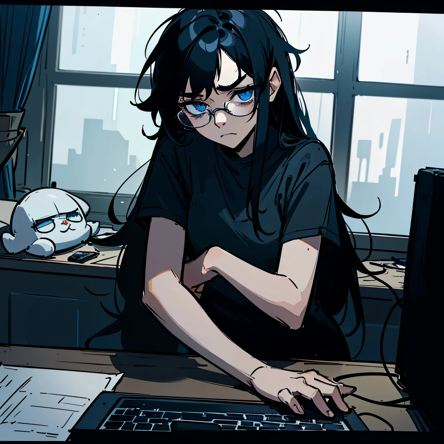 volumetric lighting, ambient lighting, highres, masterpiece, 8k, (dark blue eyes with dark circles), tired, melancholy, depressed, detailed black hair, (messy hair), long hair, disheveled, unwashed, thick eyebrows, black camisole, (wearing glasses), rainy window in background, laptop computer, multiple tangled black electrical cables, led lights, plushie